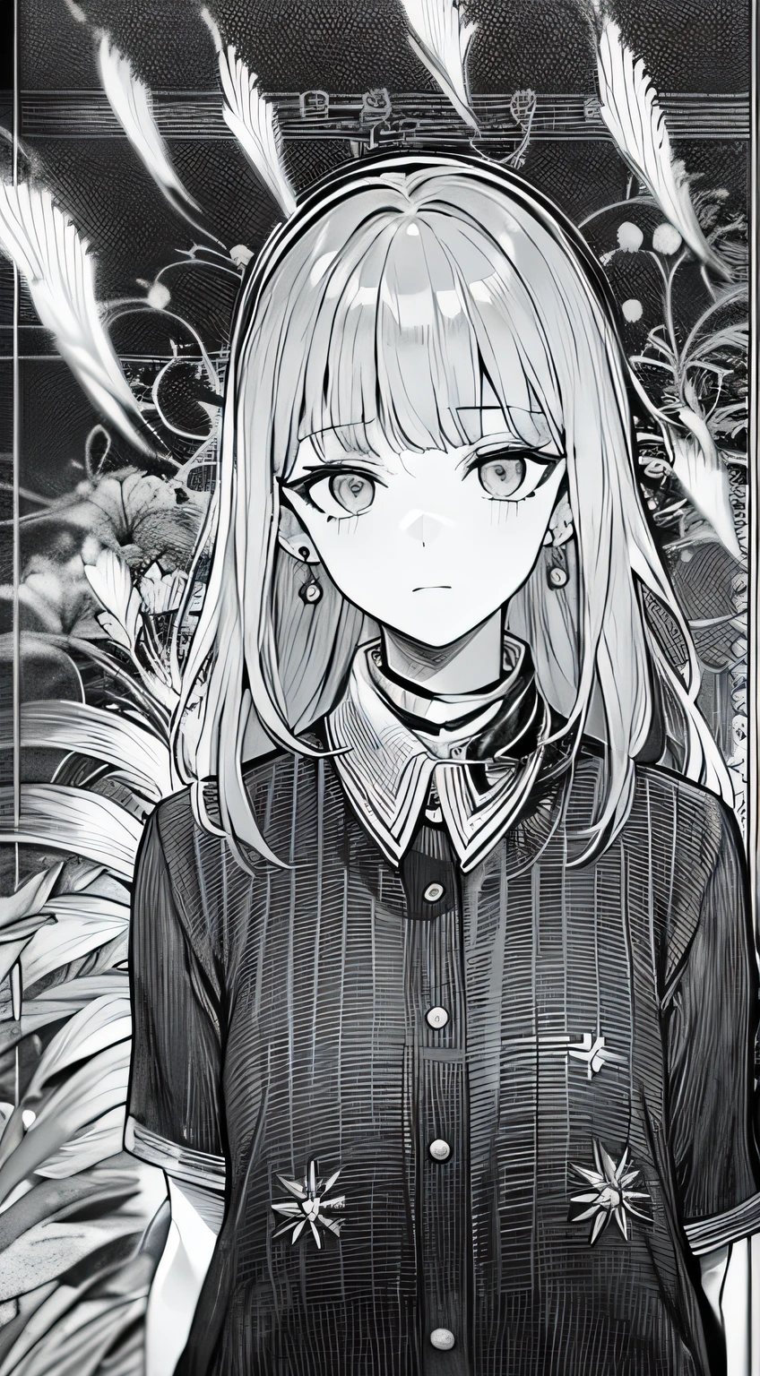 (Masterpiece), (Best quality),1female, bangs, Bokeh, Closed_Mouth, collared_shirt, Earrings, Grey_Eyes, shairband, jewelry, Long_Hair, Looking_at_peeping at the viewer, Smoke, Solo, wing_Collar,monochrome, linear art