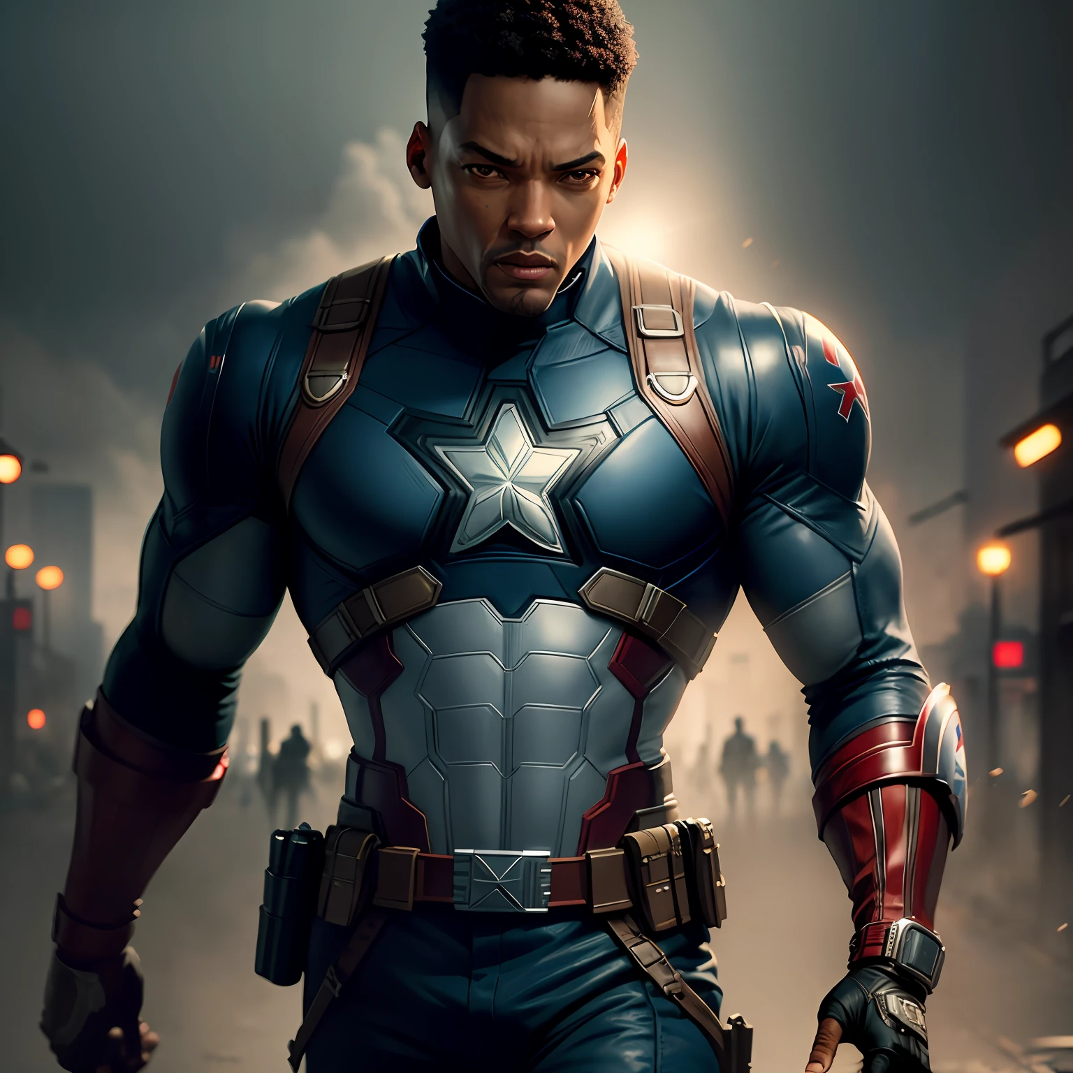. Tarantino style Will Smith as Captain America 8k, high definition, detailed face, detailed face, detailed eyes, detailed suit, in style of marvel and dc, hyper-realistic, + cinematic shot + dynamic composition, incredibly detailed, sharpen, details + superb details + evening with light + perfectionism + award winning realism ((moody lighting)) --auto