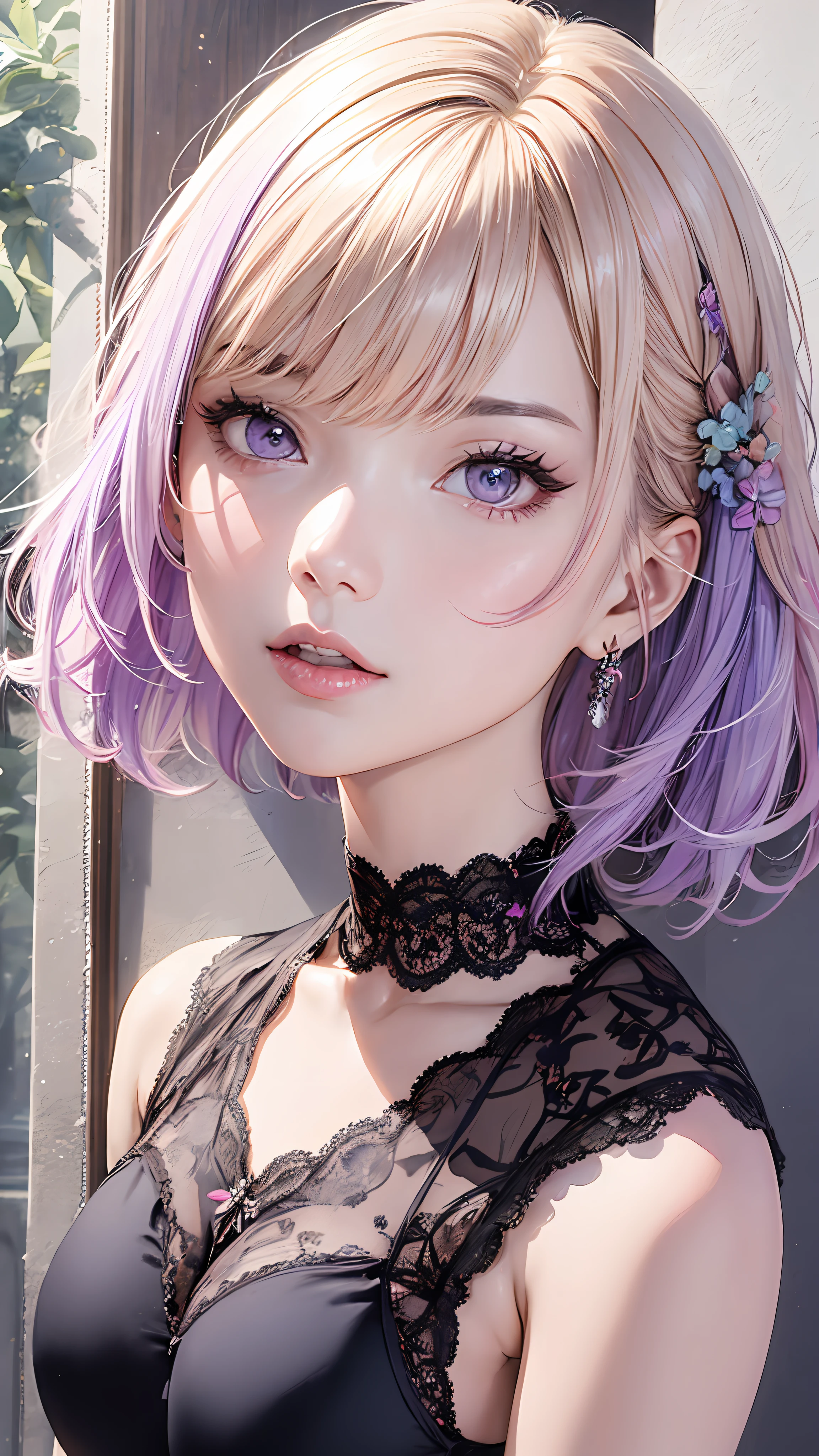 (watercolor paiting:1.2),1girl in, 独奏, florals, Asagao, portraitures, fronds, bangss, Layer Bob, Morning glory, Purple eyes, hair between eye, Do not wear hair ornaments、Big eyes、Natural makeup