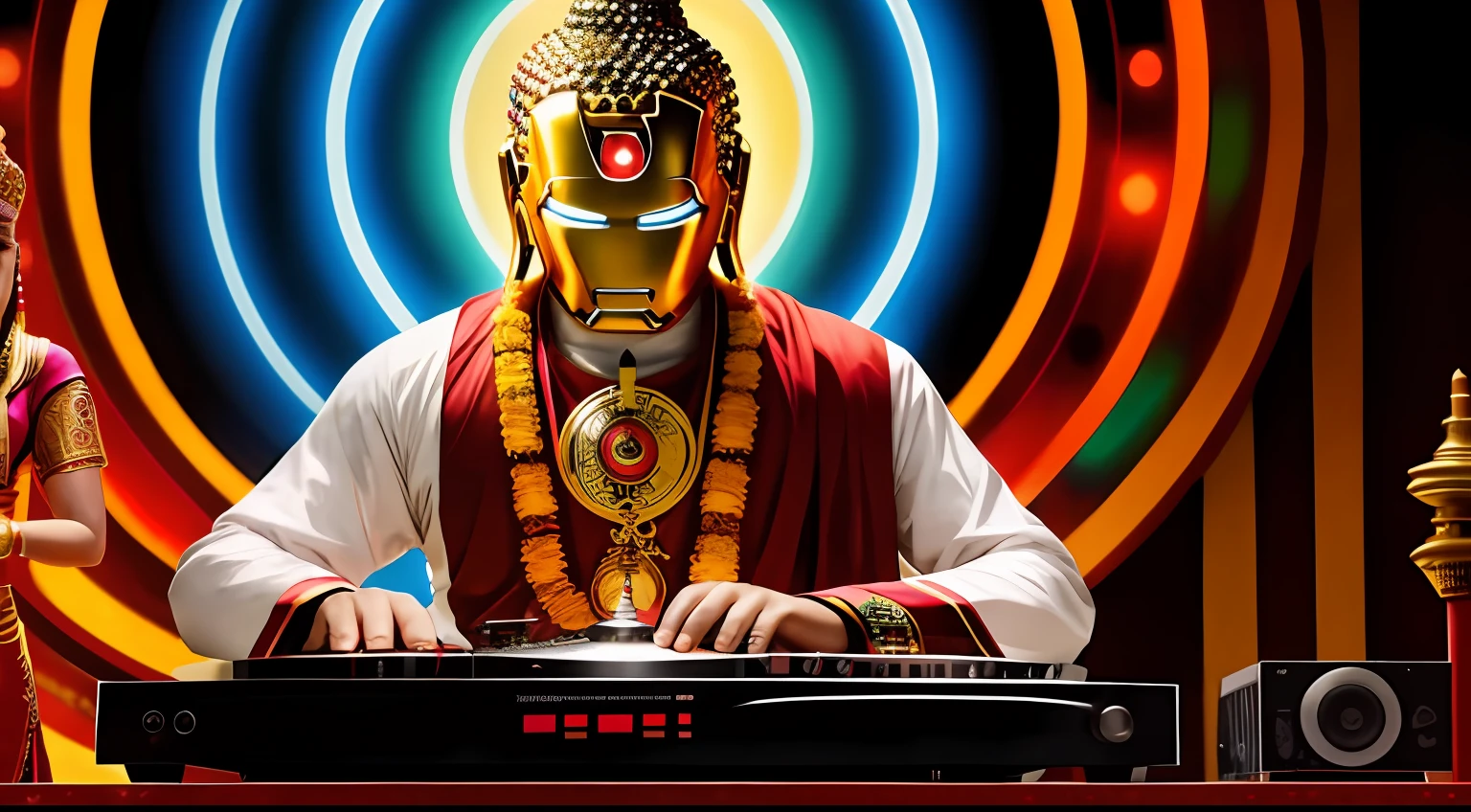 Buddha DJ wearing an ironman mask with a tantric priestess mixing music on a DJ turntable at a Hindu temple Ultra-realistic photo --auto