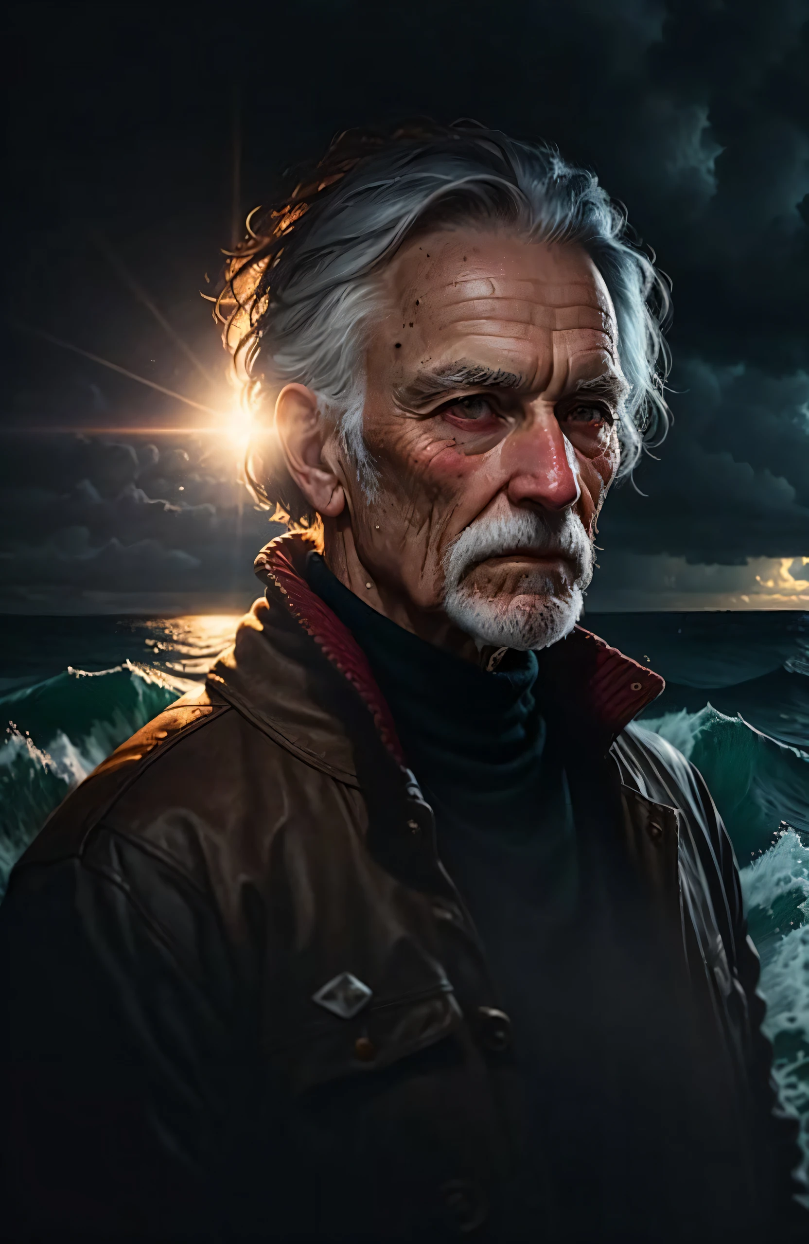 dark, deep shadow, award winning portrait photo of a rugged (old fisherman:1.3), (face focus:1.5), (storm:1.2), (waves:1.3), ocean, (lighthouse background:1.5), (cowboy shot:1.4), (white turtleneck knitted sweater:1.3), looking at viewer, realistic, masterpiece, highest quality, backlighting, (lens flare:1.1), (bloom:1.1), (chromatic aberration:1.1), by Jeremy Lipking, by Antonio J. Manzanedo, by lee jeffries nikon d850 film stock photograph 4 kodak portra 400 camera f1.6 lens rich colors hyper realistic lifelike texture dramatic lighting unrealengine trending on artstation cinestill 800