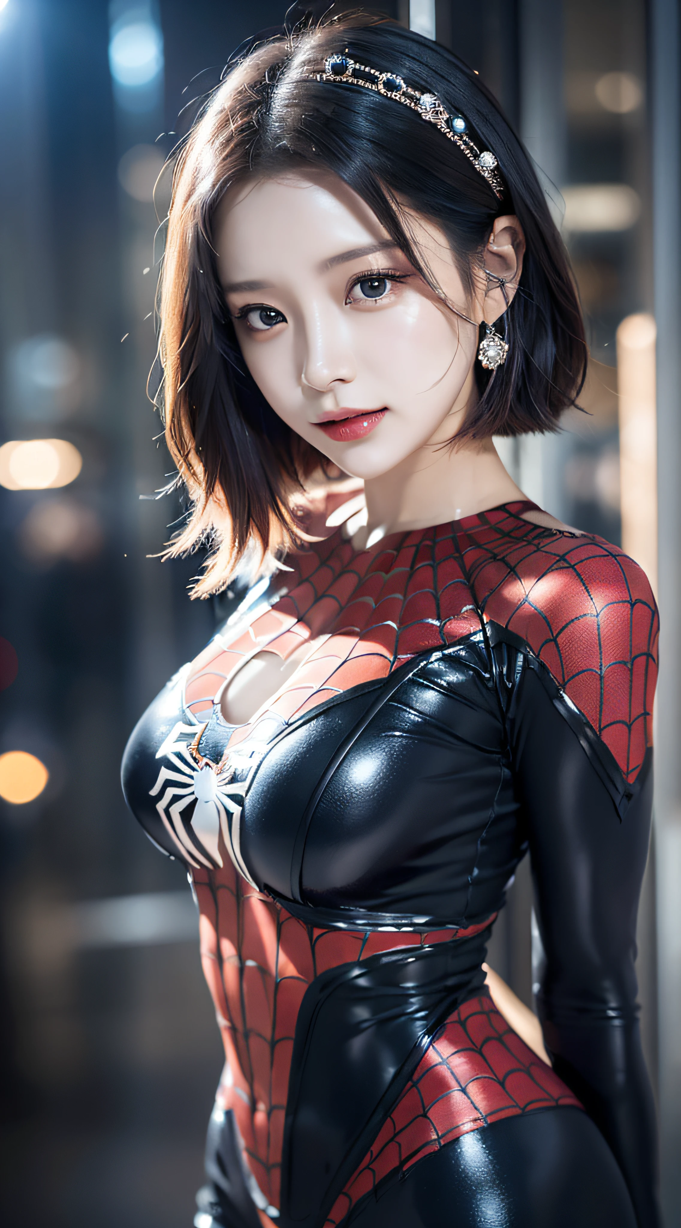 tmasterpiece,1 Chinese girl，Fine hair accessories,realisticlying，8K  UHD，high high quality，in the background bokeh，spider-man suit，Spidey，Clothes wrap around the whole body，Tight clothing，Black color hair，s the perfect face，shining face，Ultra-clear face，Elaborate Eyes，idoly