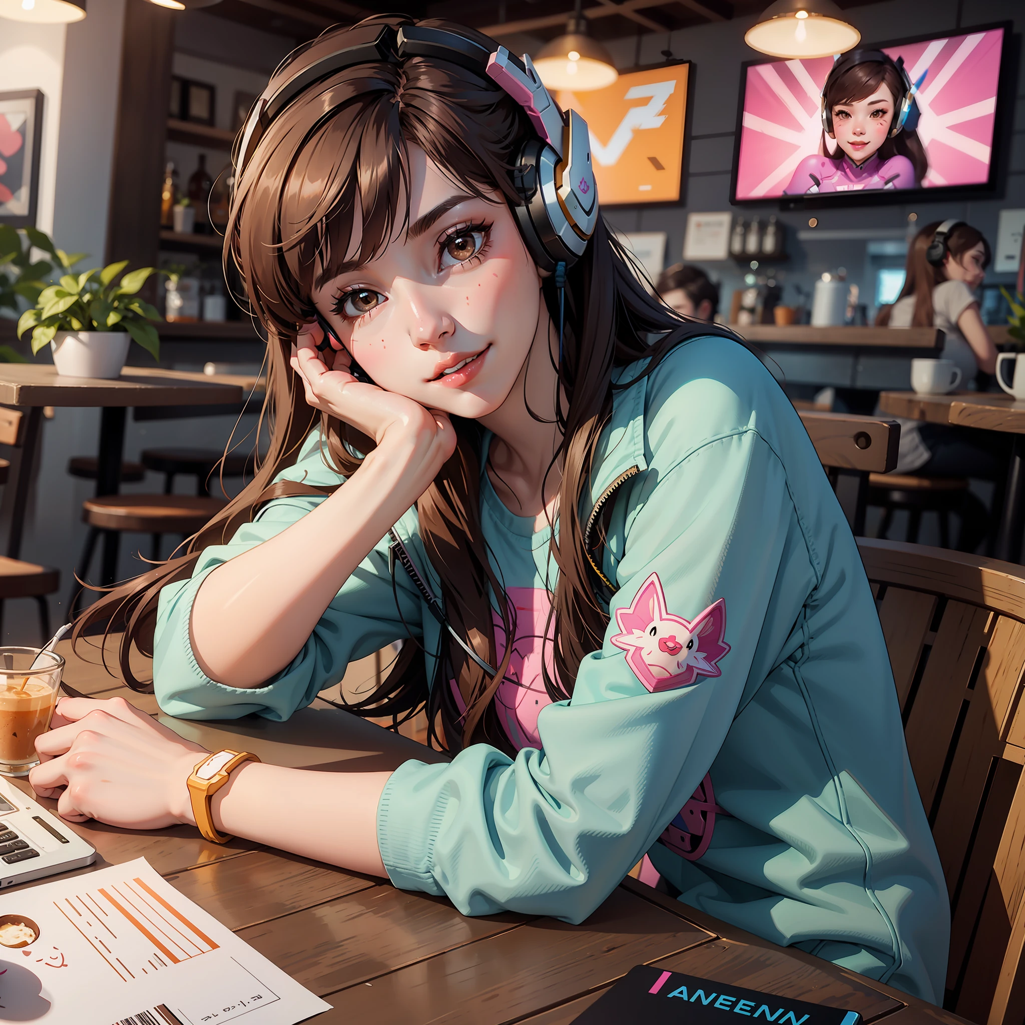 (masterpiece, high quality) Cute D.Va (from Overwatch) in a cafe , viewed from front, brown hair, wearing v t-shirt and short short, brown eyes and cute lips, kawaii and beautiful face, with a wide angle shot، headphones, pink_facial_mark, nice hands, perfect hands, smile, close mouth