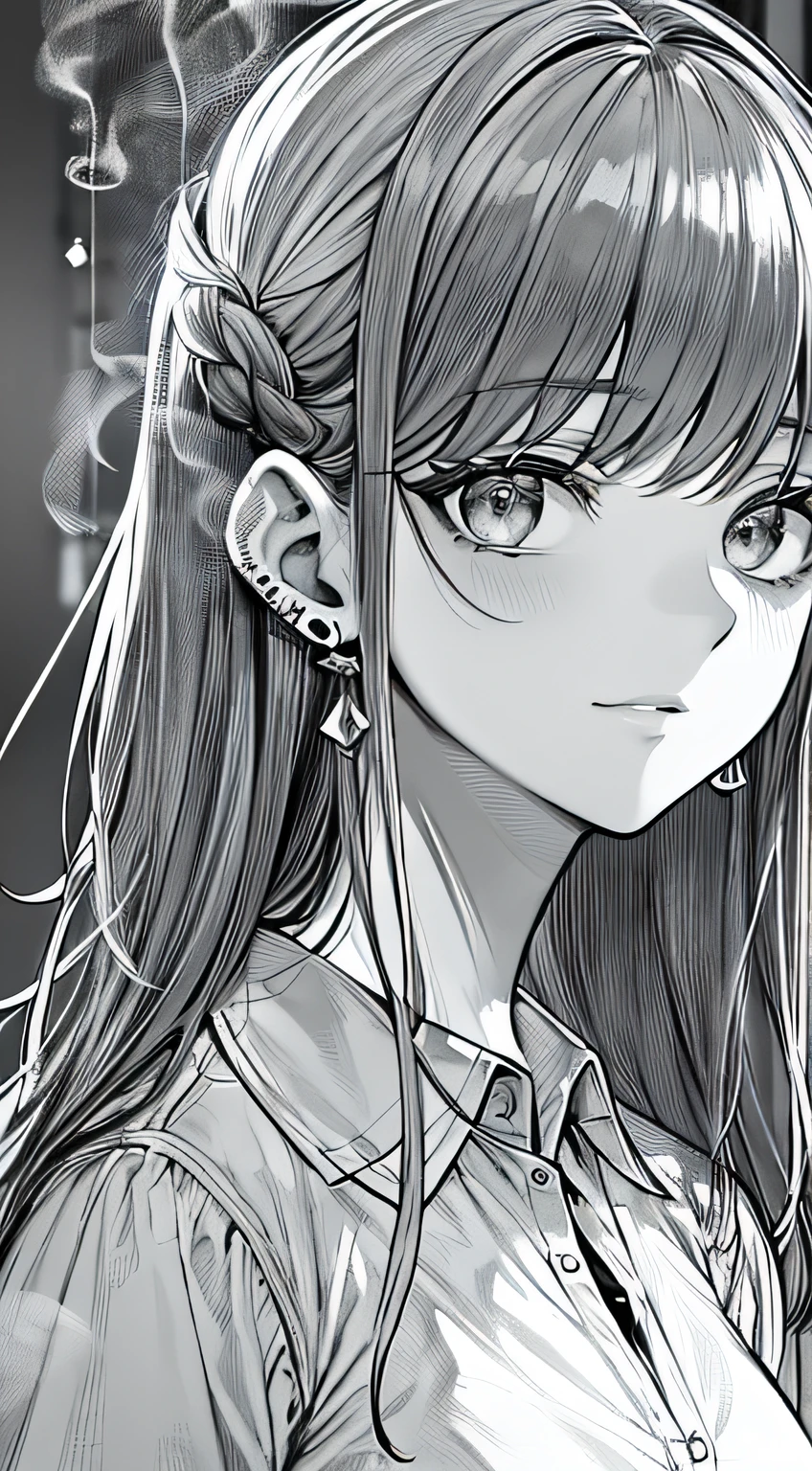 (Masterpiece), (Best quality),1female, bangs, Bokeh, Closed_Mouth, collared_shirt,  Earrings, Grey_Eyes, shairband, jewelry, Long_Hair, Looking_at_peeping at the viewer, Smoke, Solo, wing_Collar,monochrome, linear art