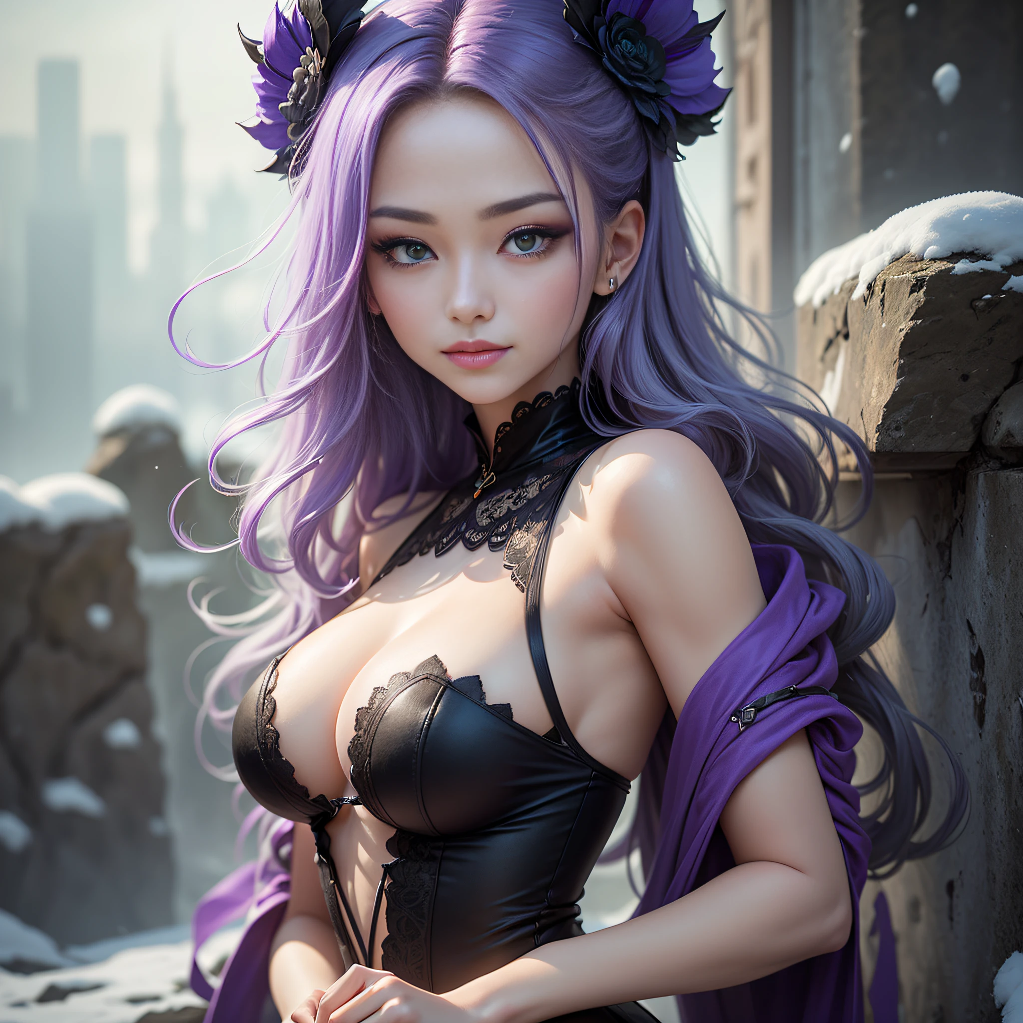 ((Masterpiece:1.2),highest quality:1.1),(dynamic angle:1.2,dynamicposes:1.2,softlighting:1.1),(Gray hair:1.3,hair purple:1.3,Hair yellow:1.2+purpleish color:1.1+green color:1.1,closeup of face:1.1+Body close-up:1.1+Unique temperament:1.2),Seductive ancient banshee,Dark style,She has four arms,she is sexy,She bare her thighs,She has a charming smile and snow-white smooth skin,Her nails are pink,She has big blue watery eyes,She wears a black-cyan headband on her head,She wore clothes made of purple silk。