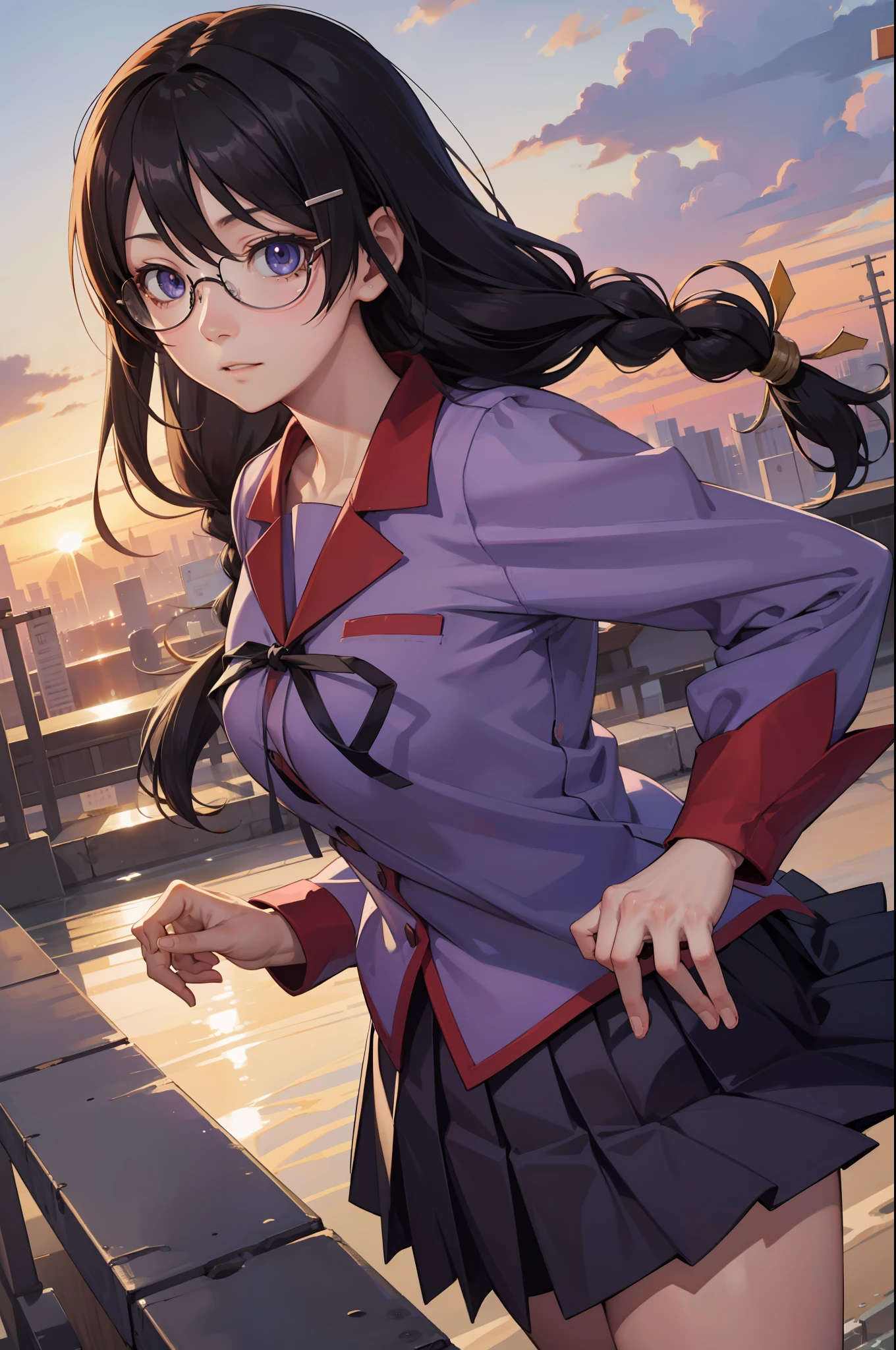 hanekawatsubasa, hanekawa tsubasa, Long hair, Black hair, Hair Ornament, (Purple eyes:1.1), braid, hair clips, Twin braids, naoetsu high school uniform, Glasses,
BREAK skirt, School uniform, naoetsu high school uniform,
BREAK outdoors, city,
BREAK looking at viewer, BREAK (masutepiece:1.2), Best Quality, High resolution, Unity 8k壁纸, (Illustration:0.8), (Beautiful detailed eyes:1.6), extra detailed face, Perfect Lighting, extremely details CG, (Perfect hands, Perfect Anatomy),