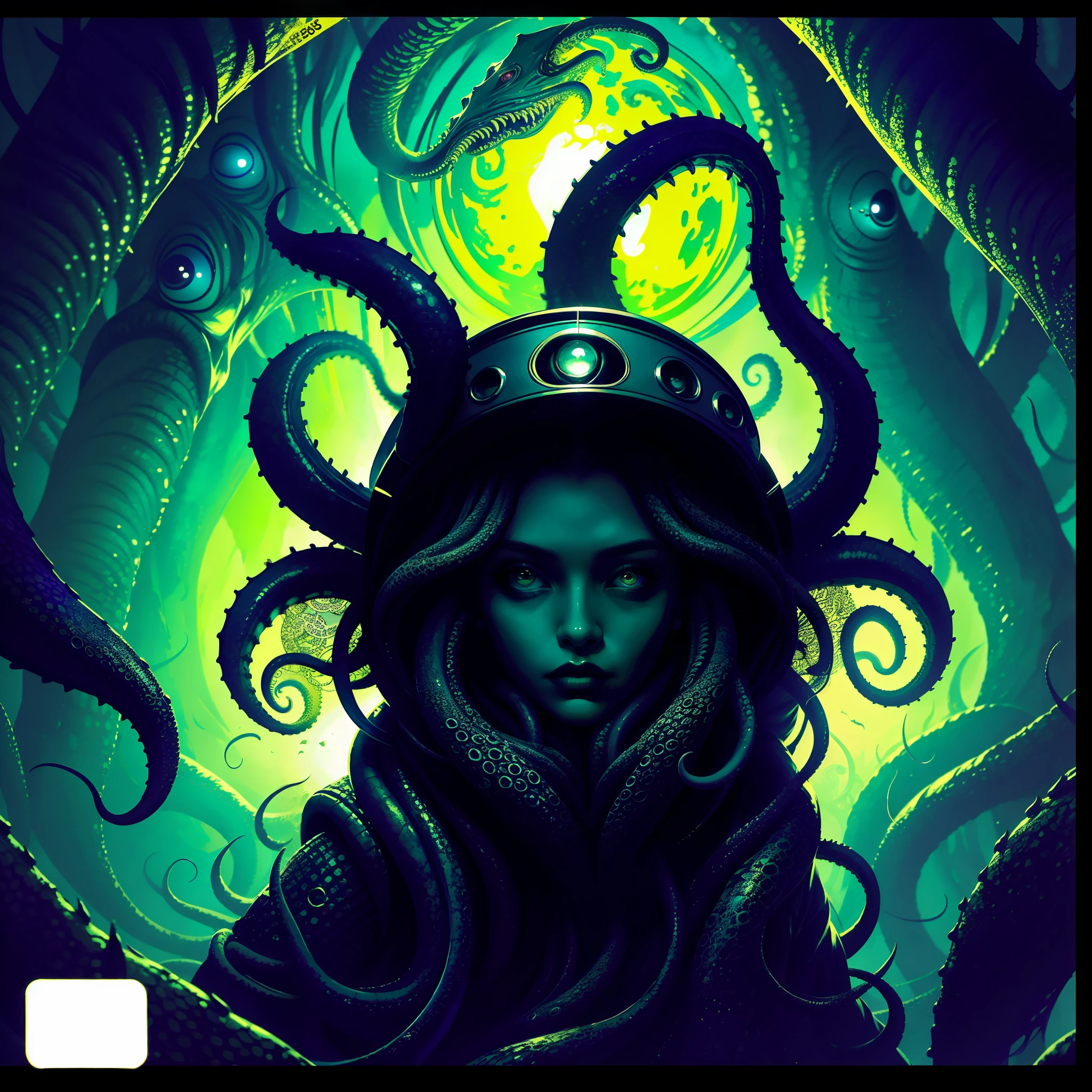 tmasterpiece，Close-up of a beautiful girl wrapped in tentacles，Cunning characters，
Featured Dark Academy，iconic album covers，Cthulhu，Daniel Gerkhaz style ，Surrealist comic book style ，fisheyelens，Limit the viewing angle