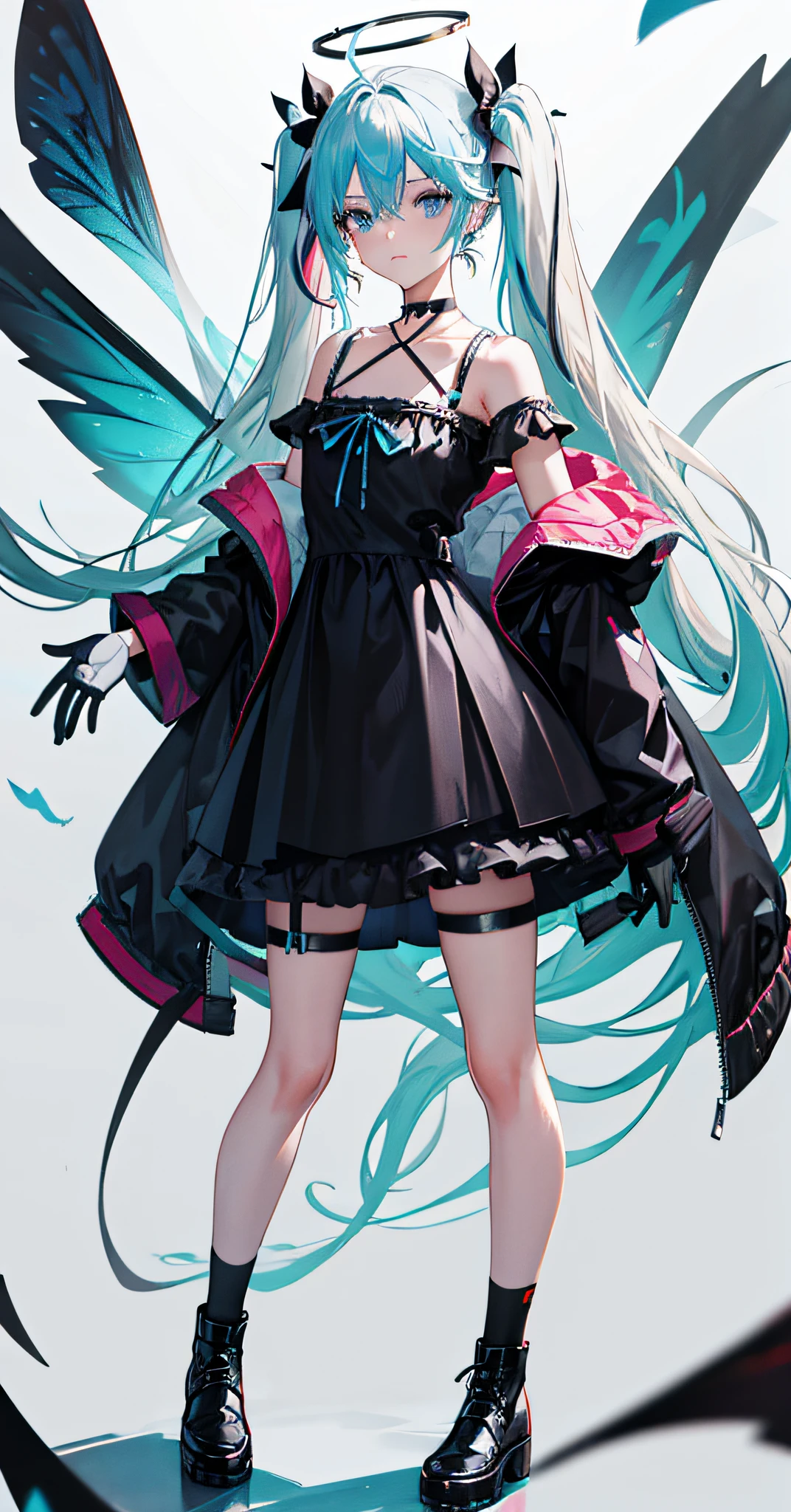 demon tail, butterfly, bug, 1girl, long hair, wristband, shoes, hatsune miku, shirt, choker, black legwear, aqua hair, bike shorts, solo, blue butterfly, twintails, black choker, bracelet, full body, black ribbon, very long hair, tail ornament, jewelry, black bow, hair between eyes, ahoge, white shirt, earrings, grey background, standing, jacket, shorts, collarbone, off shoulder, short sleeves, ribbon, black footwear, aqua eyes, gradient, bow, socks, looking at viewerhalo, wings, lips, blue eyes, medium breasts, white hair, streaked blue hair, round face, black gloves, closed mouth, starry night, bubble nebula, lace long dress, small breasts, flat chest, flowers. White gloves,delicate leg