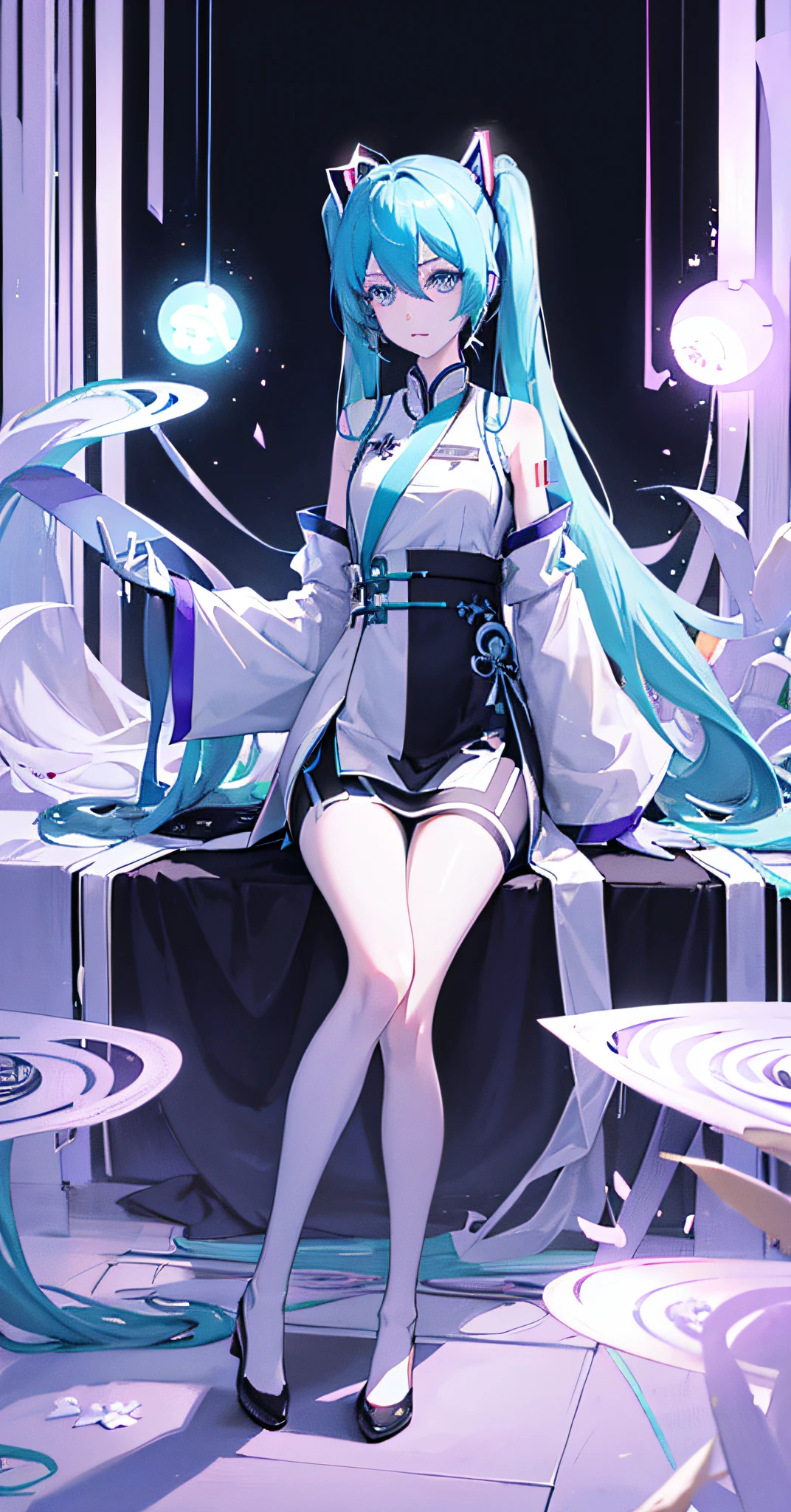hatsunemiku,gouachestyle,long_hair,widesleeves,bluehair,whiteskin,blackeyes,simpleandelegantclothes,neonandcyanancientclothes,purple,white,neon,flowers,classicalChinesescenes,(neonHouse),inkanimation,reflective,White gloves,delicate leg。