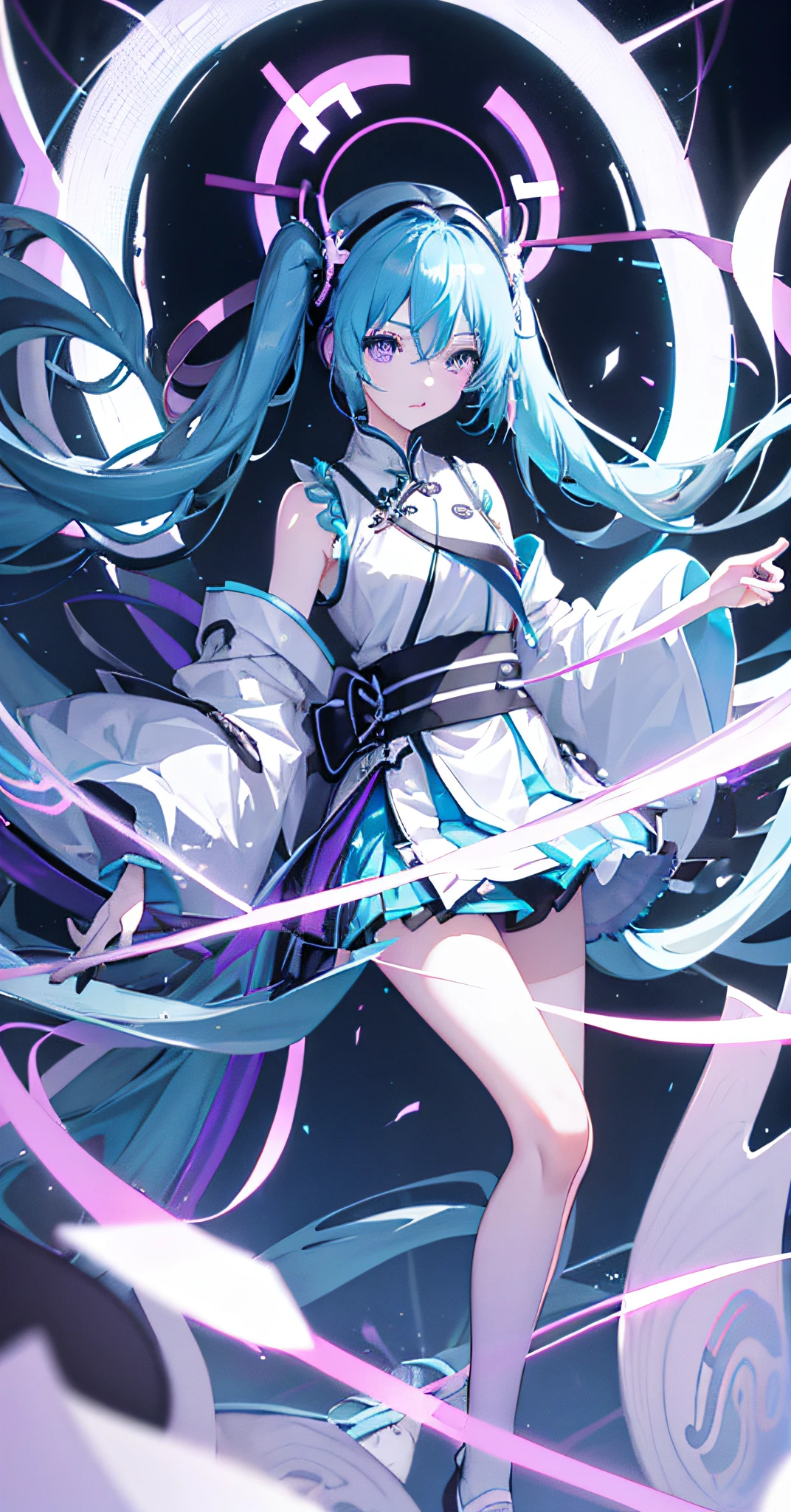 hatsunemiku,gouachestyle,long_hair,widesleeves,bluehair,whiteskin,blackeyes,simpleandelegantclothes,neonandcyanancientclothes,purple,white,neon,flowers,classicalChinesescenes,(neonHouse),inkanimation,reflective,White gloves,delicate leg。