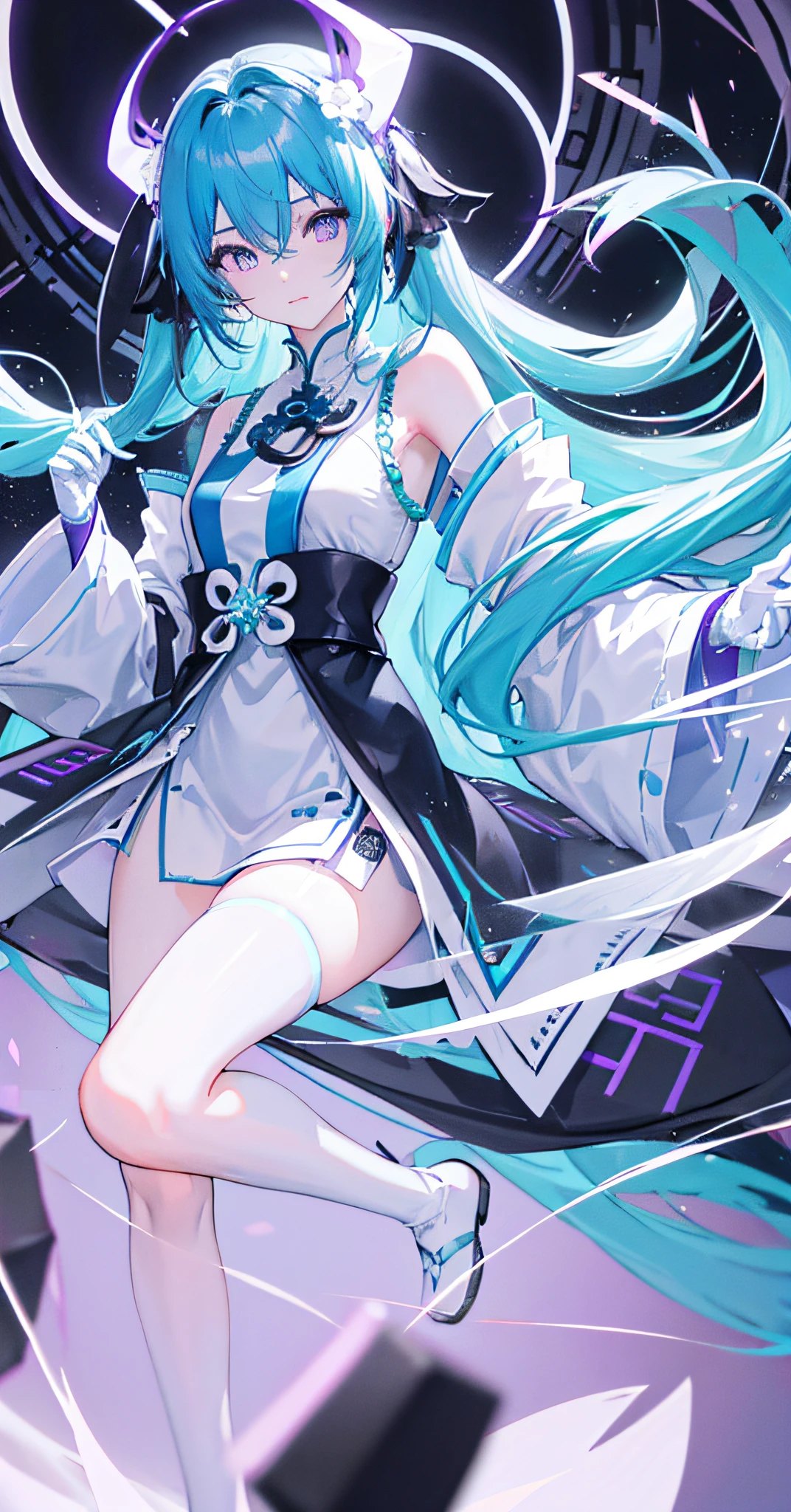 hatsunemiku,gouachestyle,long_hair,widesleeves,bluehair,whiteskin,blackeyes,simpleandelegantclothes,neonandcyanancientclothes,purple,white,neon,flowers,classicalChinesescenes,(neonHouse),inkanimation,reflective，White gloves，delicate leg。