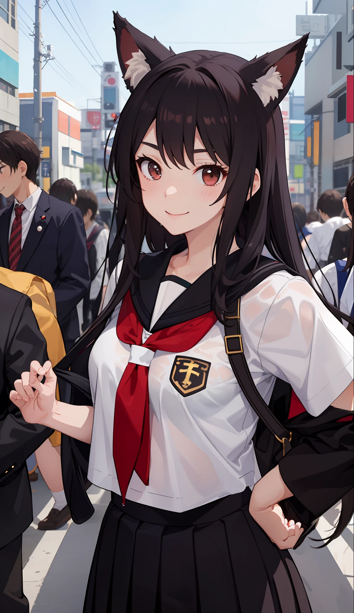 1girl in、A smile、The shirt、skirt by the、（small tits）Chilarism、Japan High School Student Uniform、serafuku、summer clothing、Squall Drenched Uniform、show brassiere、Fox ears、（Upper body portrait）、