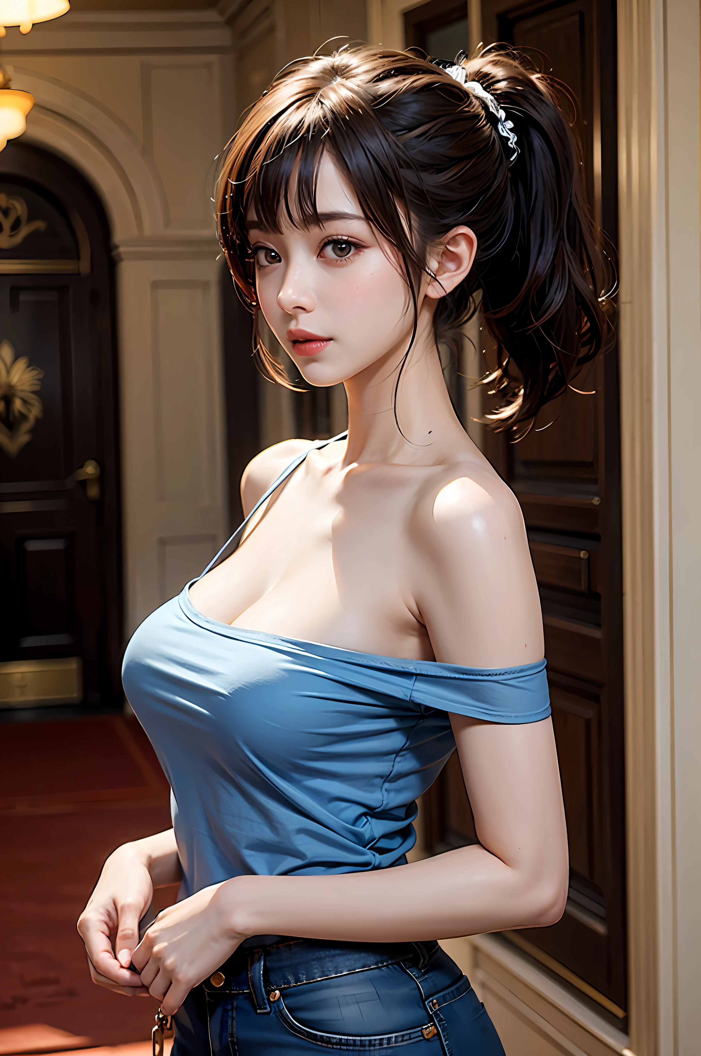 best qualtiy，sface focus，the soft light，（depth of fields），超高分辨率，（Photorealsitic：1.4），RAW photos，Bigboobs，Open navel，Long bangs，Ponytail hairstyle，（sportrait：1.4），（From the front side）1girll，独奏，adolable，（Shy，ssmile：1.1），（with brown eye），Detailed beautiful face，（mid day_Hair）， The hall of the castle of Europe，Walk，（off-the-shoulder shirts），