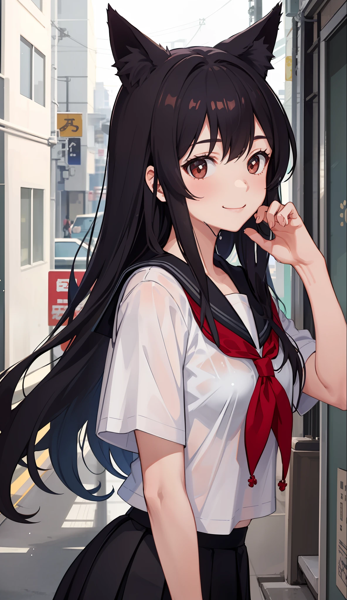 1girl in、A smile、The shirt、skirt by the、(small tits)Chilarism、Japan High School Student Uniform、serafuku、summer clothing、Squall Drenched Uniform、show brassiere、Fox ears、(Upper body portrait)、