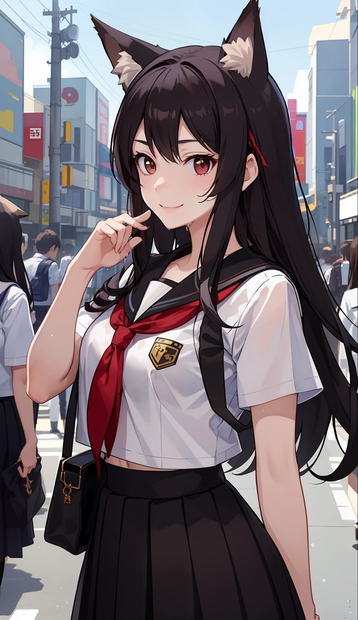 1girl in、A smile、The shirt、skirt by the、（small tits）Chilarism、Japan High School Student Uniform、serafuku、summer clothing、Squall Drenched Uniform、show brassiere、Fox ears、（Upper body portrait）、