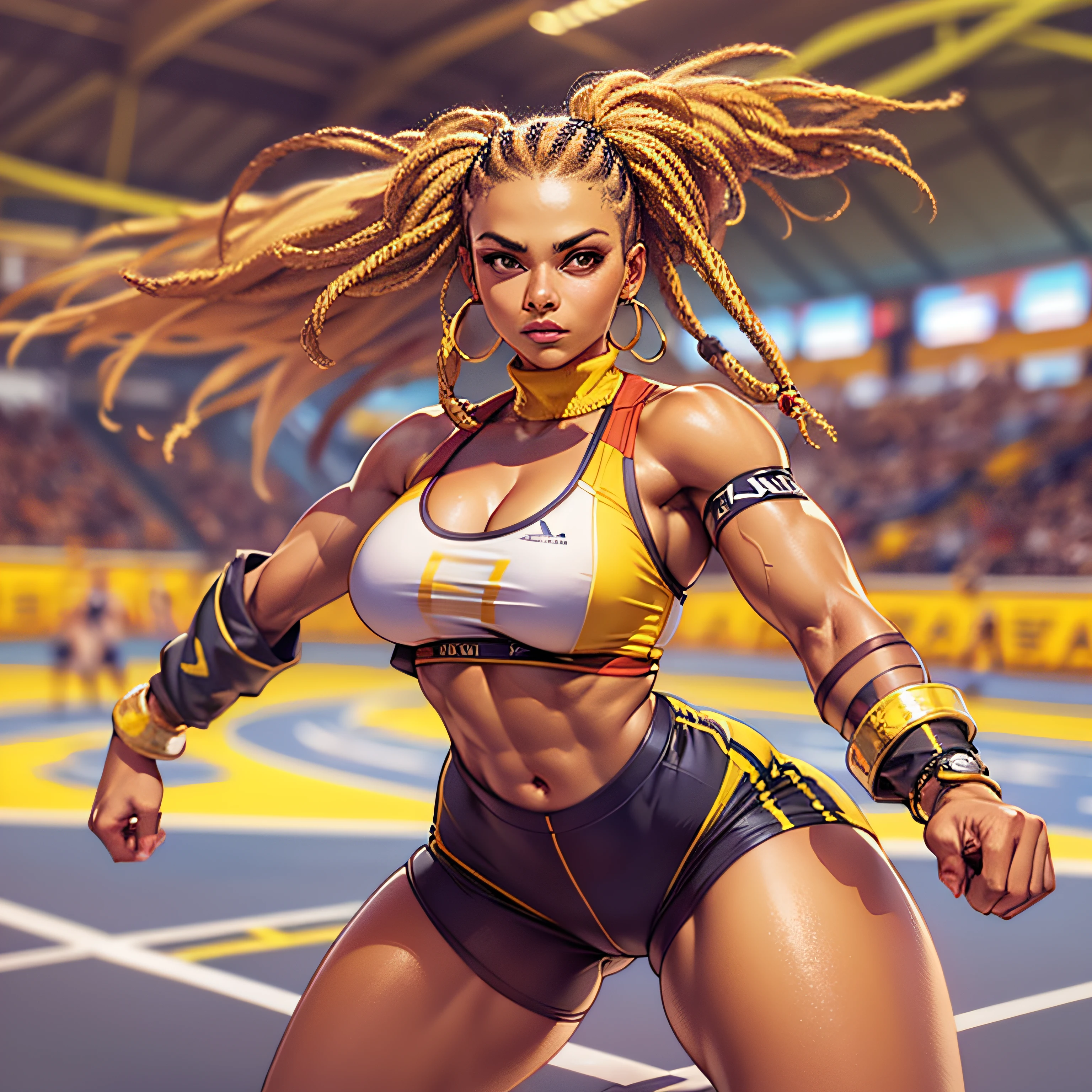 (perfect anatomy), (sports body), (big breastes), (thick-thighs), (perfect arms), (tracksuit ), Pointed bracelets, looking a viewer, (Medium full-frame photography), (Background of the battle arena), (yellow dreadlocks)