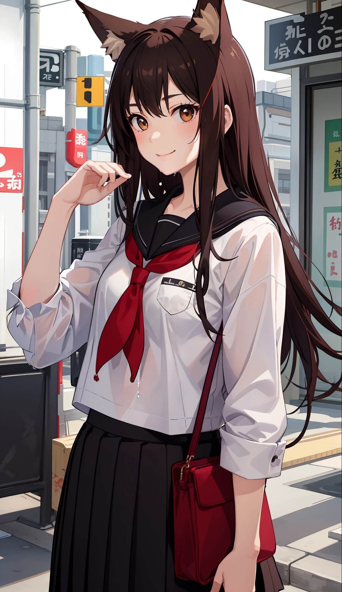 1girl in、A smile、The shirt、skirt by the、(small tits)Chilarism、Japan High School Student Uniform、serafuku、summer clothing、Squall Drenched Uniform、show brassiere、Fox ears、Brown hair、(Upper body portrait)、