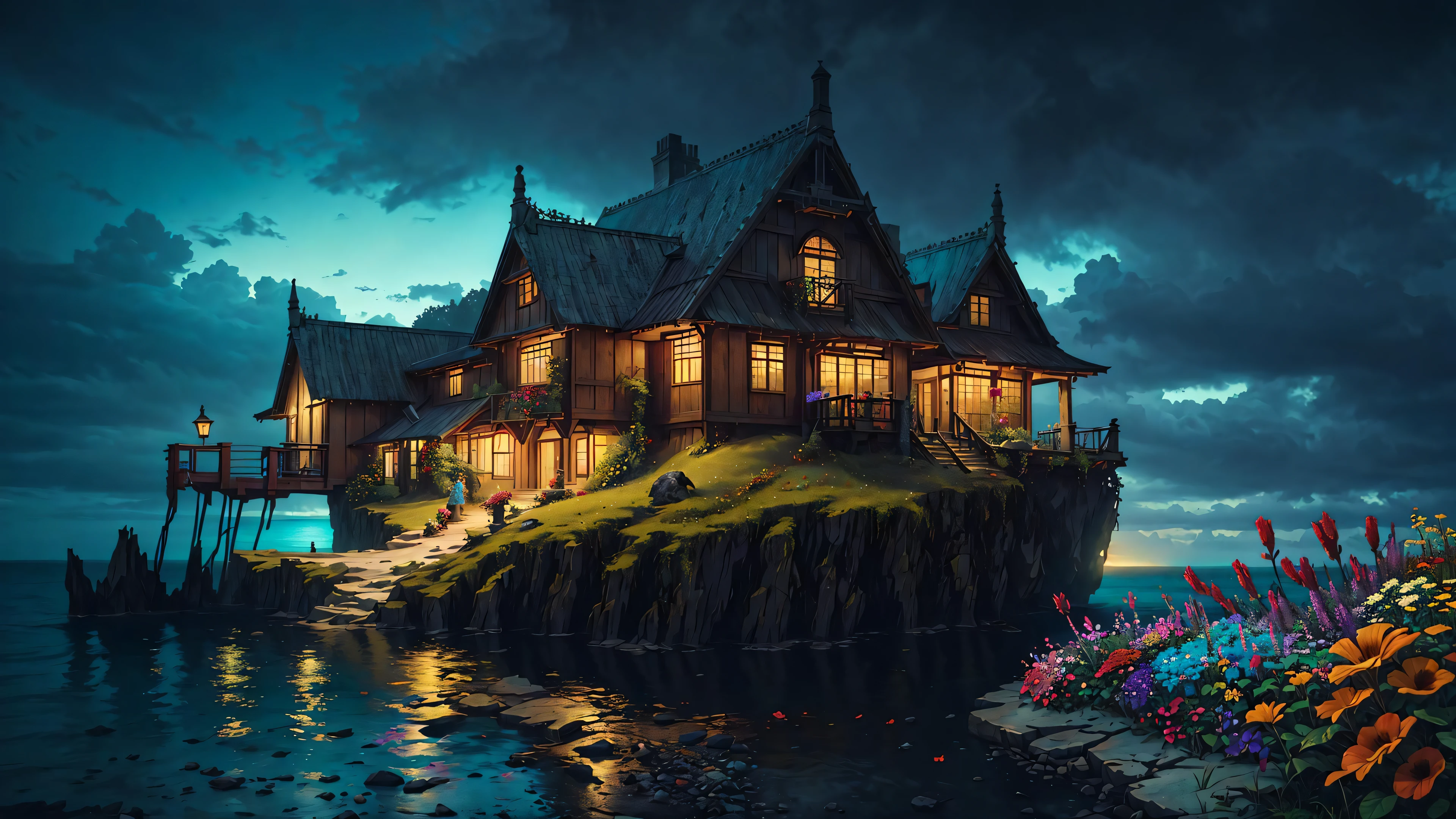 artist's house in ocean, epic super sky, lots of light, incredible details, absurd colors, many mess flowers bushes, bright and rich colors, colourful, (oversaturated:1.2), ultra realistic, hyperrealistic, trending on artstation, intricate details, \(\(intricate details\)\),colorful details,iridescent colors BREAK,\(\(masterpiece best quality\)\),4k,ultra detailed,detailed lighting,\(\(inspired by Hayao Miyazaki\)\),official art,promotional art,composition,