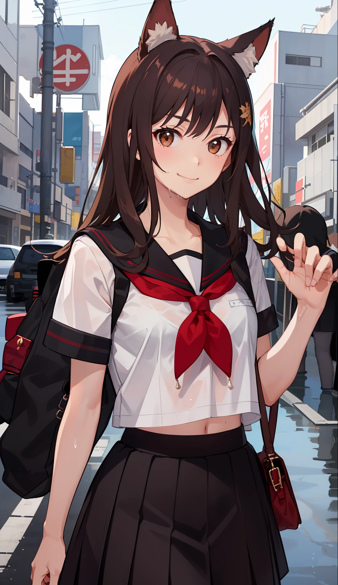 1girl in、A smile、The shirt、skirt by the、(small tits)Chilarism、Japan High School Student Uniform、serafuku、summer clothing、Squall Drenched Uniform、show brassiere、Fox ears、Brown hair、(Upper body portrait)、