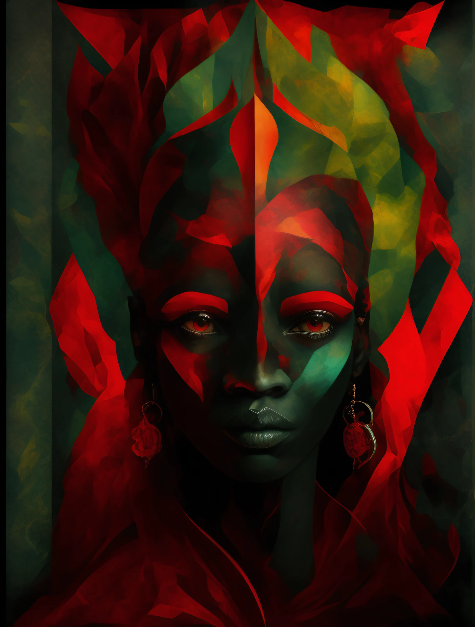 YAO de EXU, o orixa mensageiro,, somente cores derivados do vermelho na paleta, papel de parede,apenas uma figura humana na arte, Orisha of transformation,corpo inteiro,over all view, African ORIXÁ,deus entidade,The Orisha mensageiro , tons vermelhos,papel de parede, godas encruzilhadas,highes definition, abstrata, the Orixás, deus forte, vestindo um ade detalhado e intrincado,vermelho, arte abstrata que usa formas sobrepostas,Estilo cubismo, papel de parede,guernica,coloridas para criar,Deus,olhar firme,