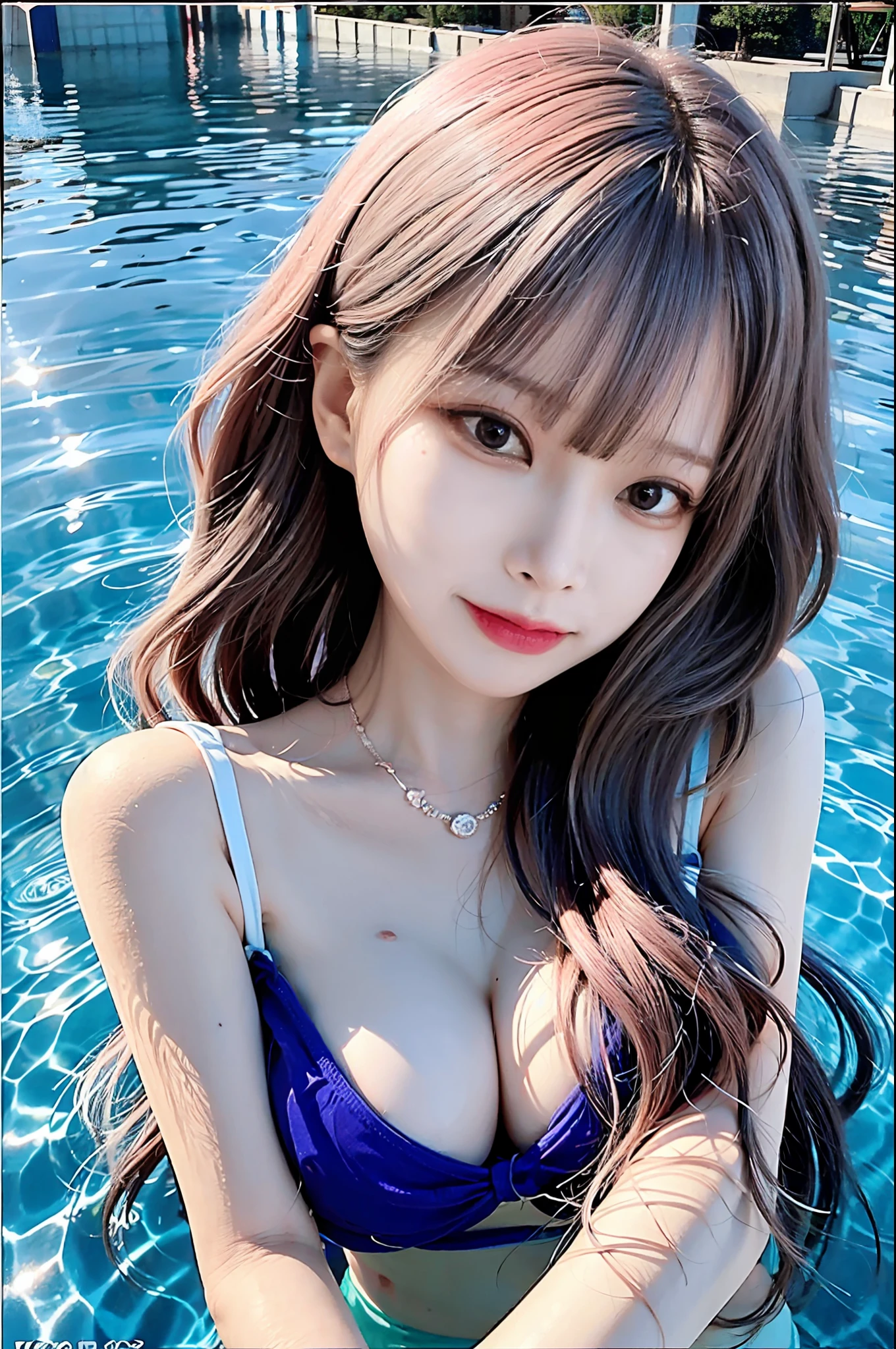 (in 8K、top-quality、masterpiece:1.2),Depicts the upper body,Upper body,look up at viewer,Left arm crossed,(swim wears),17-year-old Korean,big round chest、cleavage of the breast、fair white skin、shiny white skin,Beautiful eyes、beautiful eyes finely detailed、elongated eyes、pale pink blush、long eyeslashes、Beautiful double eyelids、eyeshadows、Beautiful ribs、Wet skin, Wet hair,a necklace,Night Pool,swimming pools