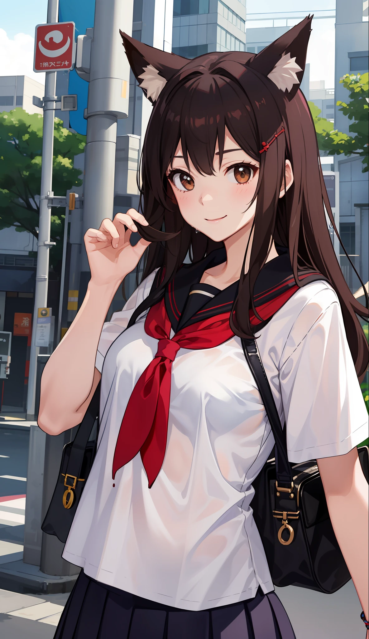 1girl in、A smile、The shirt、skirt by the、（small tits）Chilarism、Japan High School Student Uniform、serafuku、summer clothing、Squall Drenched Uniform、show brassiere、Fox ears、Brown hair、（Upper body portrait）、