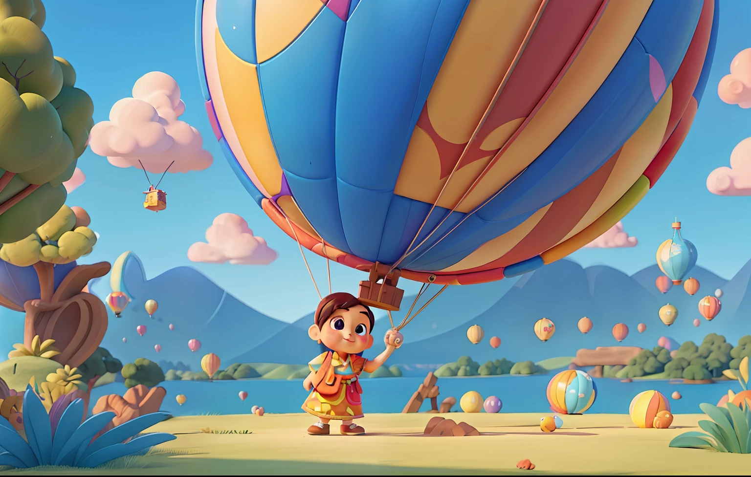 45 degree angle Pixar style,Disney style,cartoony,Bright colors,Perfect details,blue-sky,baiyun,hot air balloon