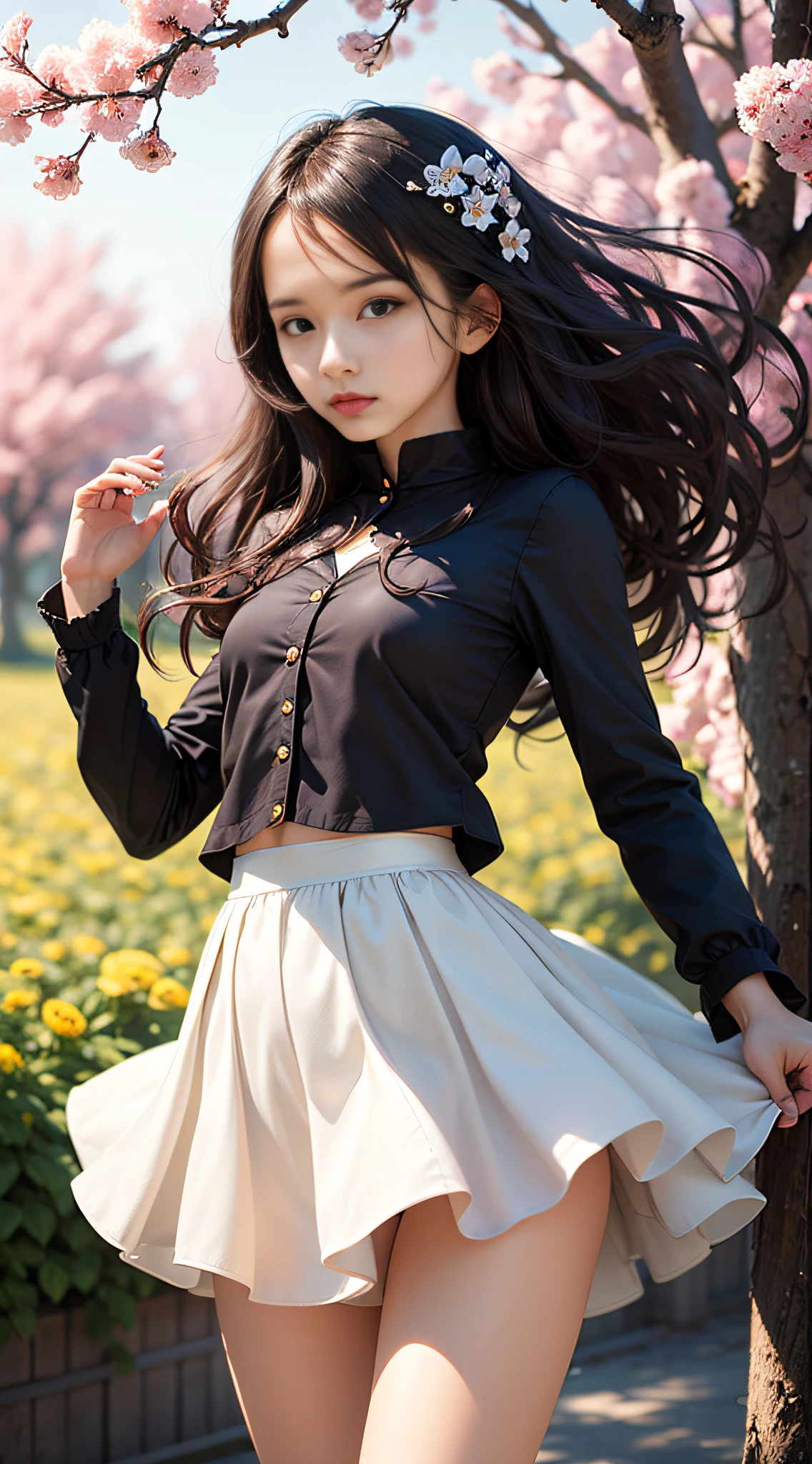 A girl,petite,realisticlying,whiteskirt, The upper part of the body, Realistis,Flowering trees,Floating hair, Detailed face --auto