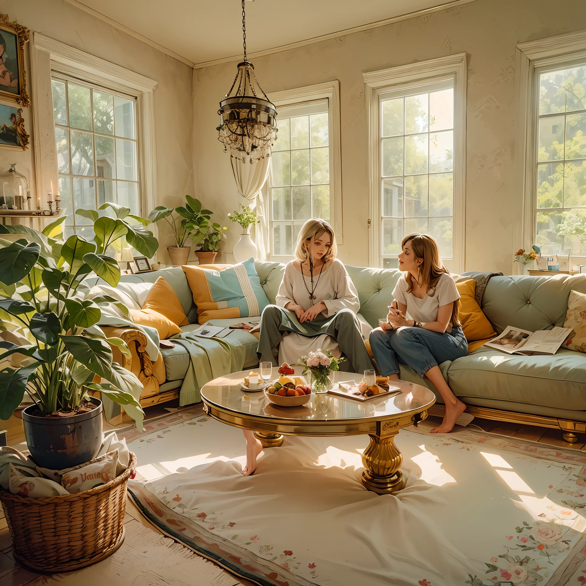 “Two women having a conversation in a cozy living room on a peaceful morning. One woman sits comfortably on the sofa, while the other sits on the floor, both wearing casual clothes like t-shirts and loungewear. the warmth of their interaction, giving a perfect representation of a comfortable and friendly atmosphere.
The ultra-wide shot showcases the entire living room, filled with natural daylight pouring through the windows, creating an illuminated nature lighting effect. The perfect coloring backgrounds blend harmoniously with the soft shades and proportions, setting a tranquil ambiance. The room’s optimization of dark and bright color combinations adds to the overall charm.
their expressions are highly detailed, and their animated conversation adds to the lively atmosphere. The thin and bold line combination complements, highlighting the perfect composition of the scene.
This masterpiece illustrates the beauty of genuine friendship and comfort in a domestic setting. The image’s sharp focus and best quality give a clear view of the cozy environment, centered around these two women engrossed in their heartwarming morning chat in the well-composed living room.”