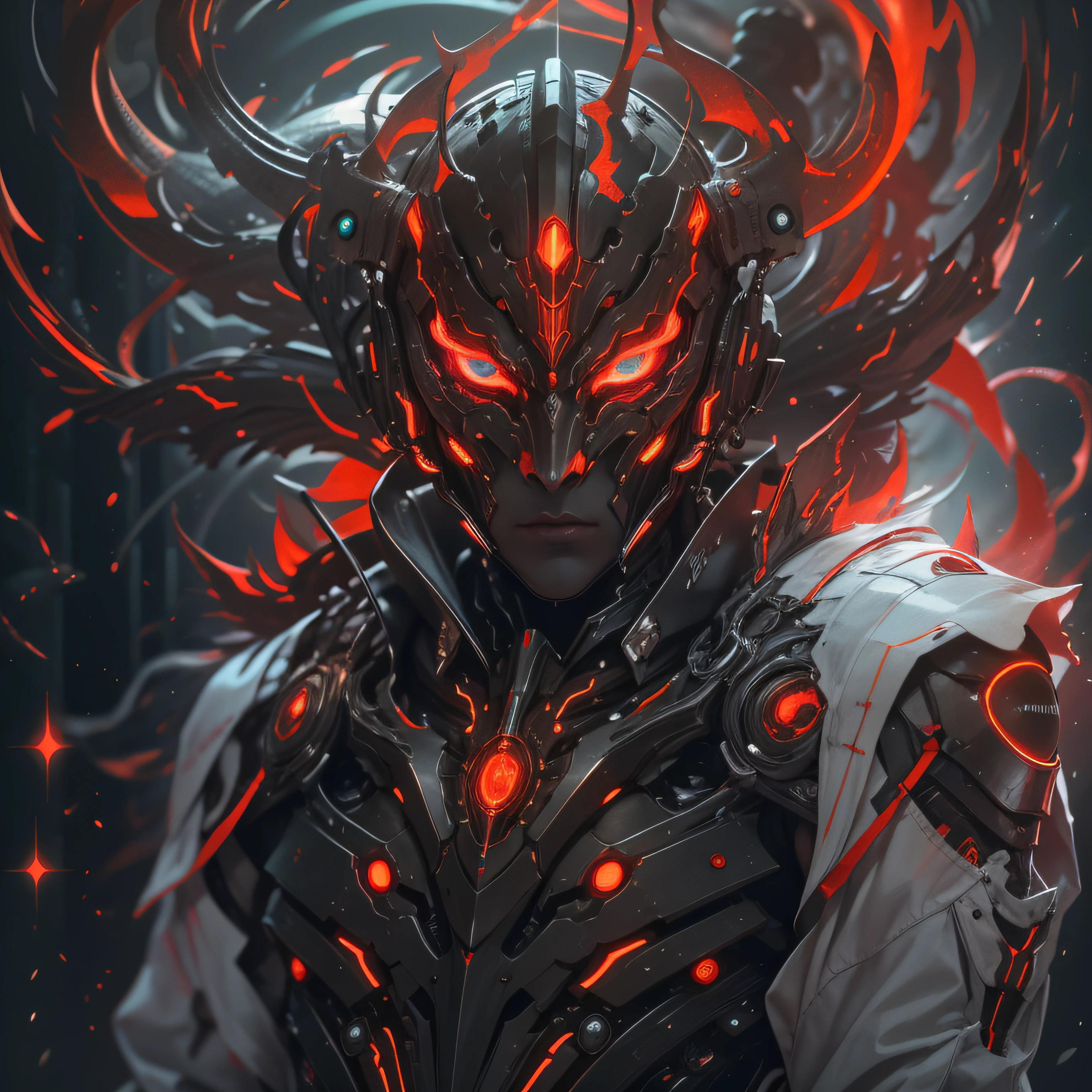 half body image, bioluminic, Red galactic cybernetic mask, portrait, sh4g0d,