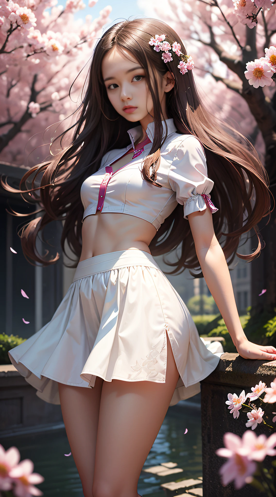 A girl，petite，realisticlying，whiteskirt， The upper part of the body， Realistis，Flowering trees，Floating hair， Detailed face --auto