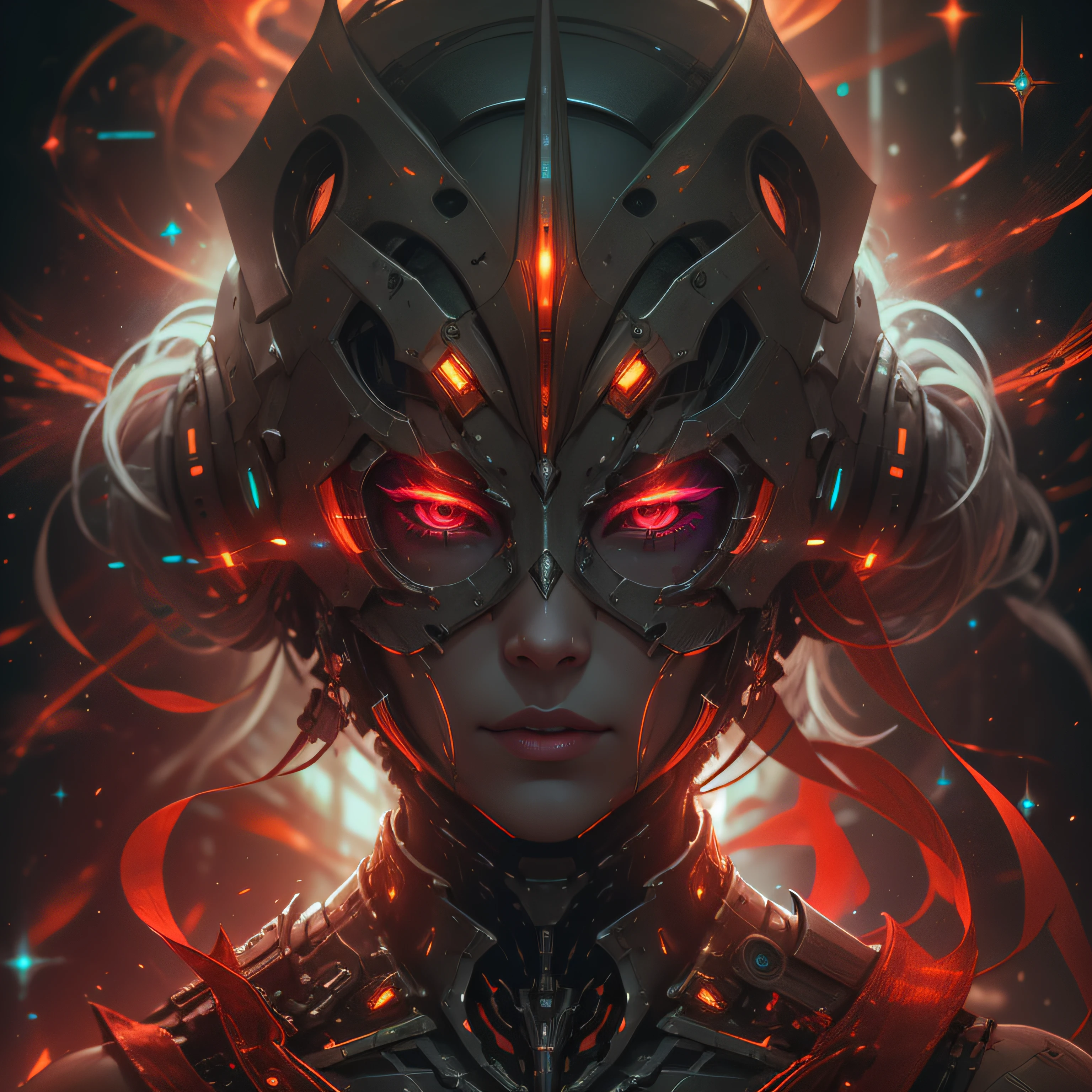 half body image, bioluminic, Red galactic cybernetic mask, portrait, sh4g0d,