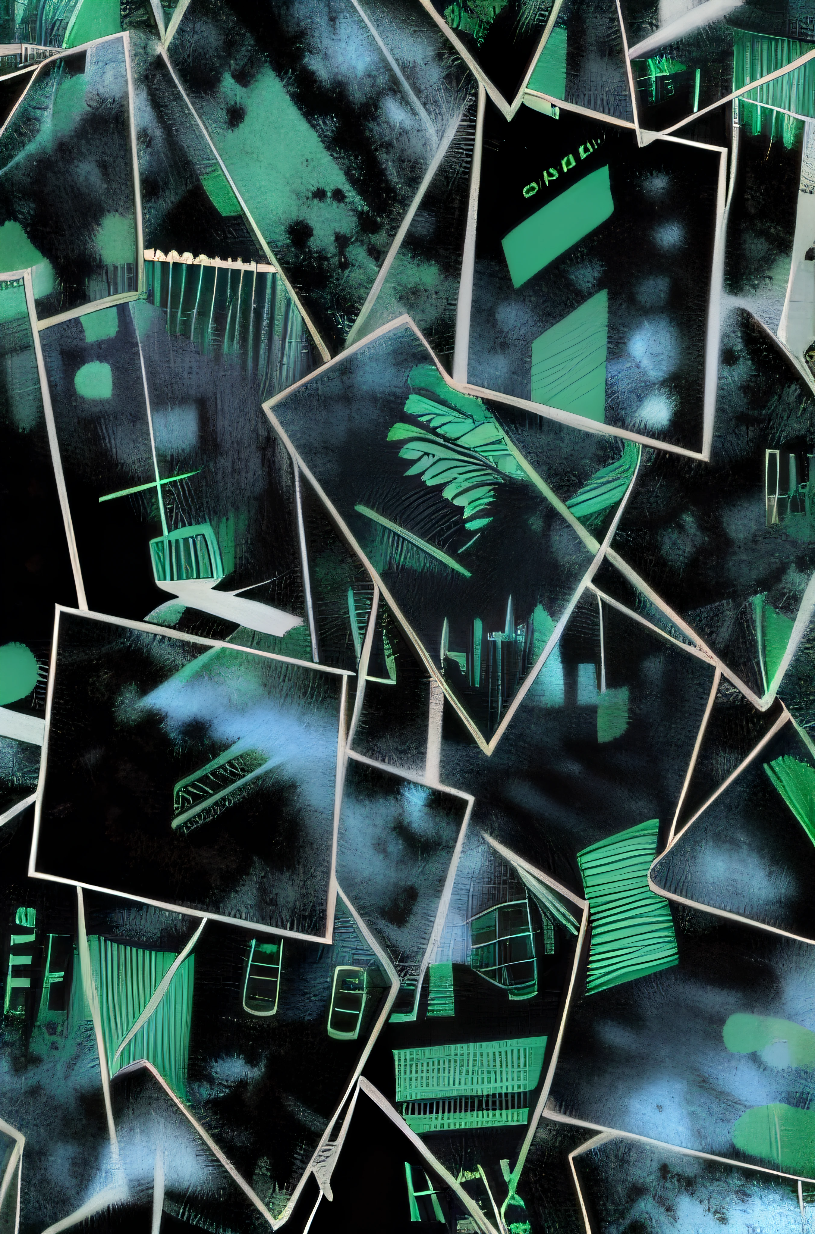 Close-up of a pile of green and black paper, Black and teal paper, abstract album cover, Screen printing textures, fragmented typography, overlaid with aizome patterns, Textured city at night, vhs static overlay, abstract conceptual, abstract art representing data, Abstract illustration, anime screenshot pattern, Network mode, textile print, cybernetic wallpaper --auto