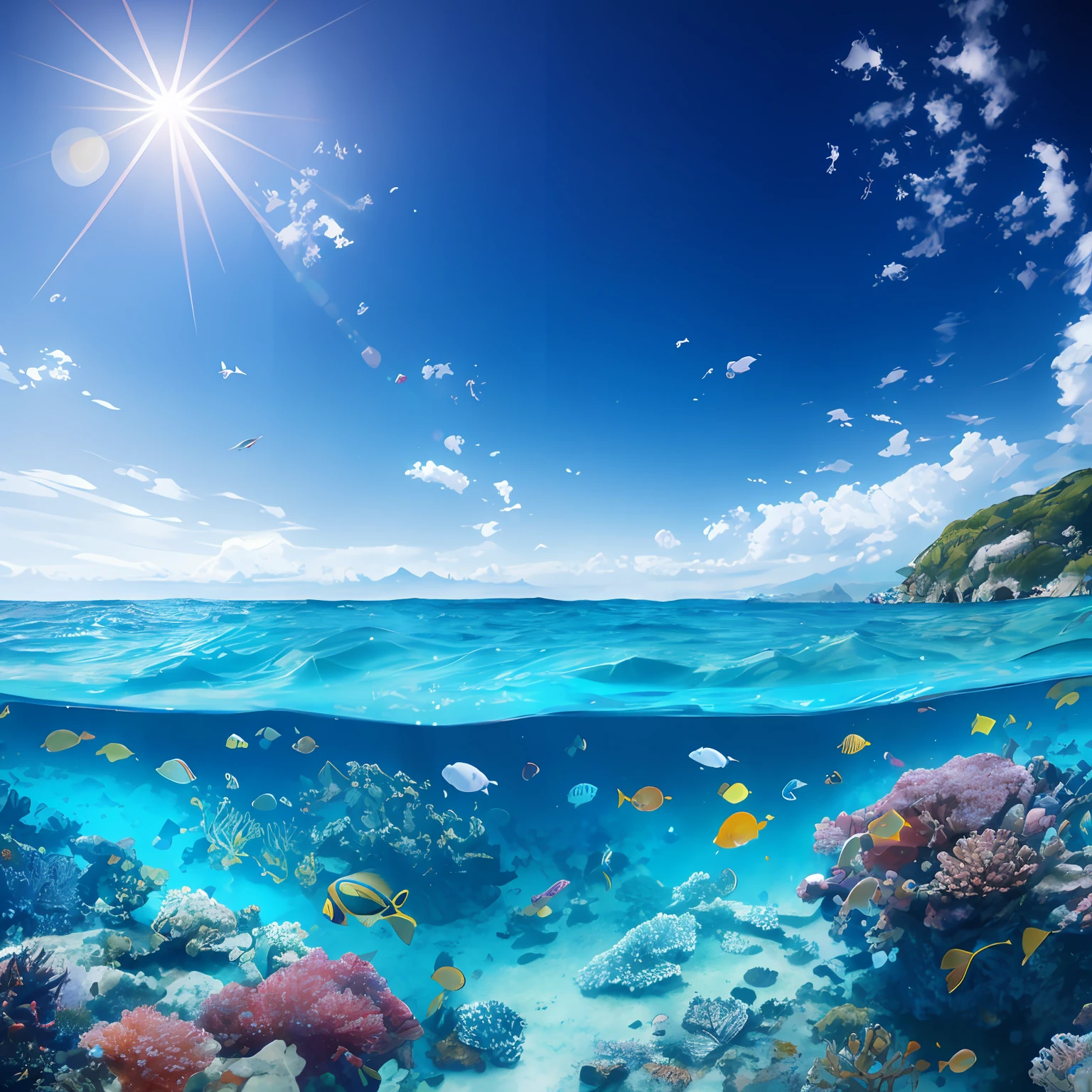 tmasterpiece， high high quality， highly detailed CG Unity 8k wallpapers， Skysky，sea surface，In the daytime，The landscape， ocean floor， Mare， The fish， There is no seabed， the reef， without humans， an award winning photograph， bokeh， depth of fields， HDR， Flood， color difference， realisticlying， The is very detailed， Art station fashion， 复杂， high detal，