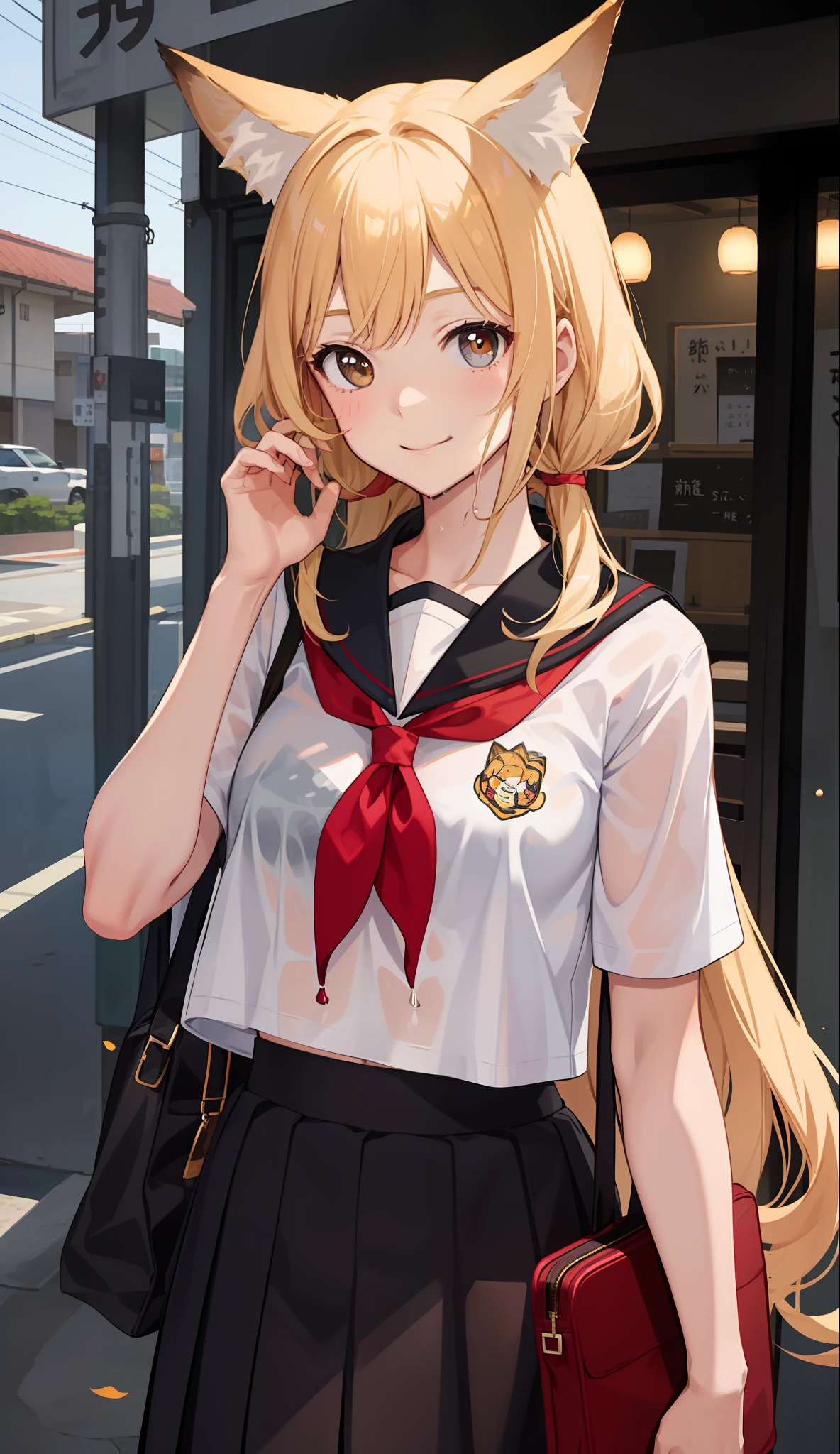 1girl in、A smile、The shirt、skirt by the、(small tits)Chilarism、Japan High School Student Uniform、serafuku、summer clothing、Squall Drenched Uniform、show brassiere、Fox ears、Blonde hair、(Upper body portrait)、