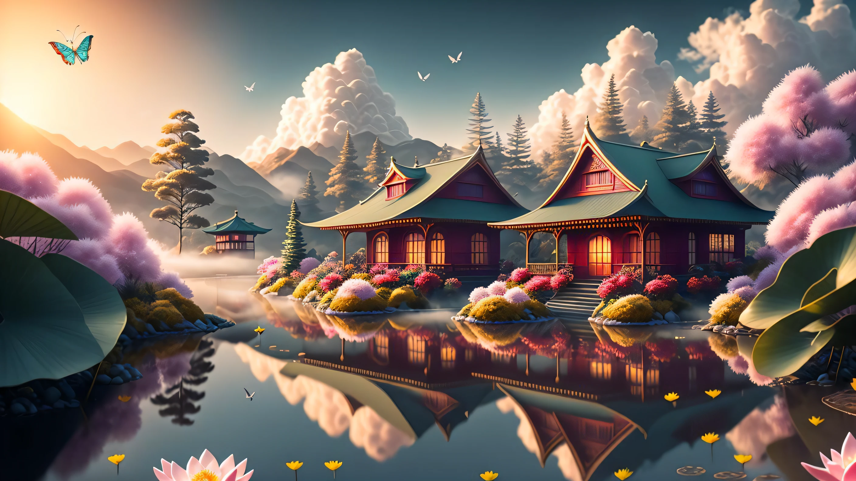 _shuimo_ landscape dreamlikeart, 3d render of,(masterpiece), (extremely detailed CG unity 8k wallpaper), sharp male focus, 

in the morning, Red sun, The white clouds,
castle peak, cedar, guest-greeting pine, welcoming pine, pines, 
waterfall, The flow of water, 
cranes, water birds, 
crane, dragon, kirin, 
lake, river, the mist, 
bridge, the small pavilion, he small attic, 
boats, 
lotus lotus, leaf, water lily, 
Swimming carp, jumping carp, 
Peony, bamboo, the plum blossom, The magpies, orchid, chrysanthemum, butterfly,
Windows, 

noise reduction, Detail Painting Luki, CG Social Contest winner, Fantasy Art, Voluminous VFX smoke, photo via 5000000px, tetrachromatic, Dipping Gold Powder Gloss Glaze,godlike, dreamlike, octane render global illumination, UHDR, symmetrical artwork,Tyndall light effect.popular on ArtStation, popular on Pixiv,popular on deviantart.