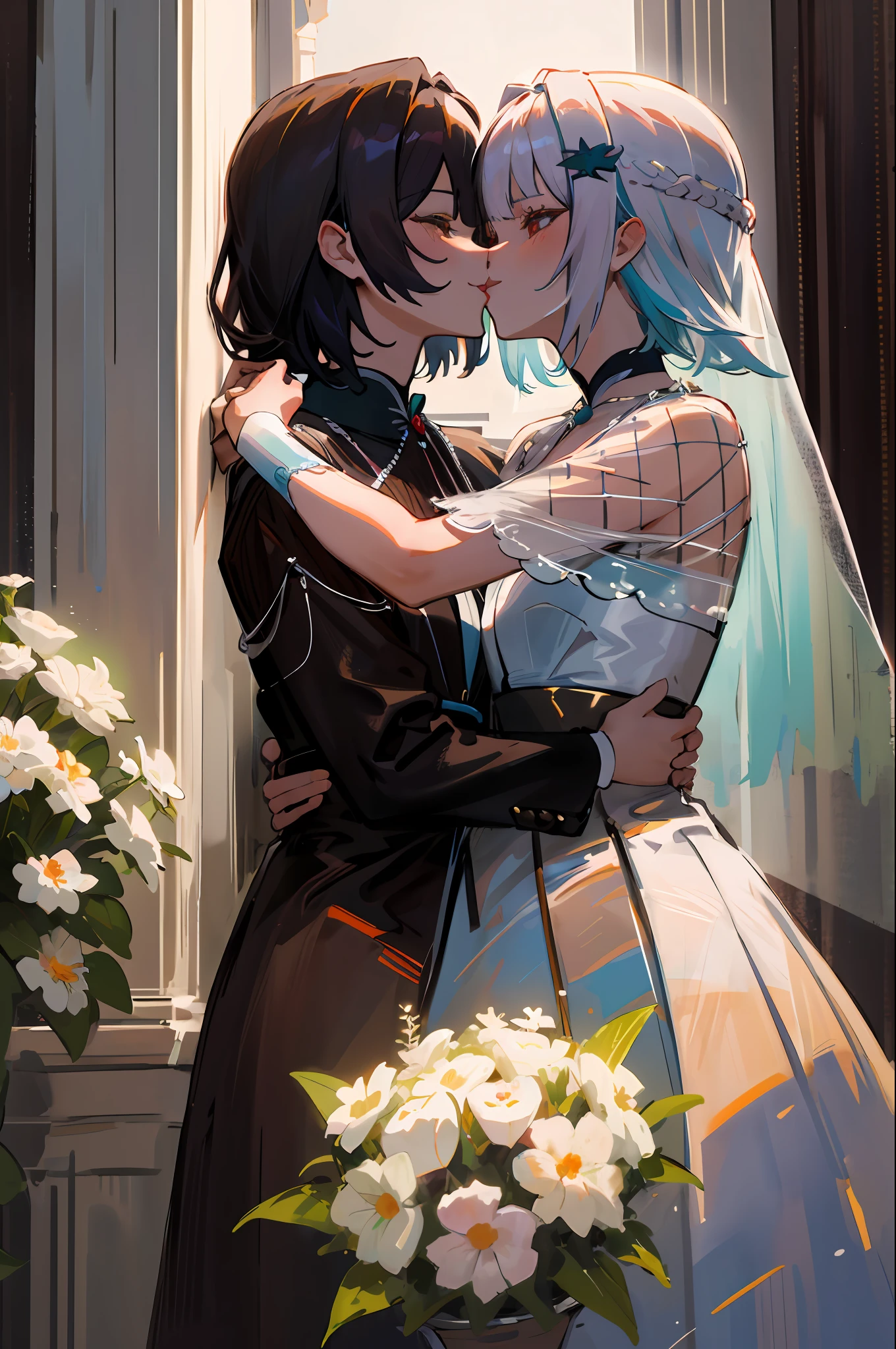 8K, masterpiece, one white hair and one brown, bride hugging each other in flower garden, photo of Pat Adams, romanticism, lesbian kiss, Alana Fletcher, lesbian hug, kissing each other, bride, kissing together, hugging each other, kissing together perfectly, cutely, goddess, two beautiful women in love, bouquet