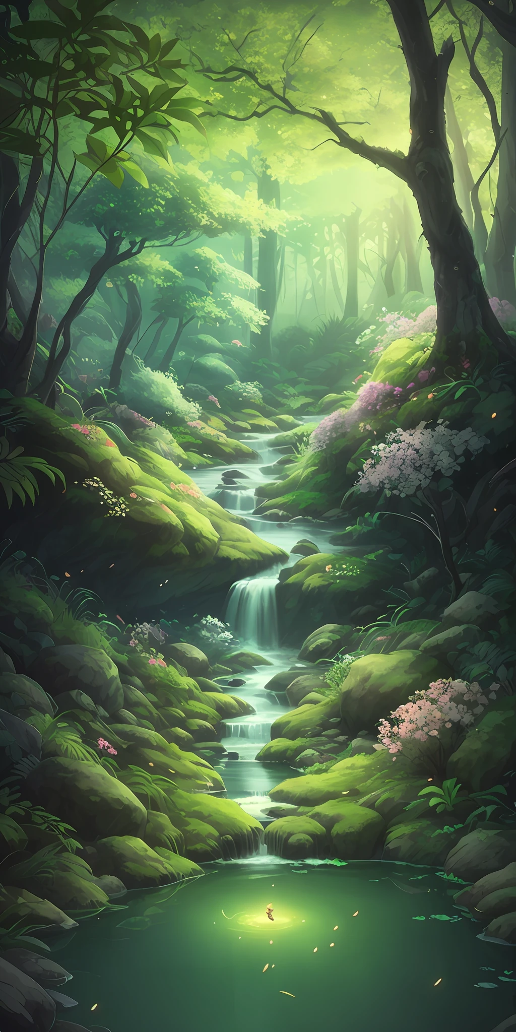 tmasterpiece，best qualtiy，（The is very detailed的 CG unified 8k 壁纸），（best qualtiy），（Most Best Illustration），（Best shadow），Glowing elves with glowing fawns，Drinking water in the pool，Natural elements of forest theme。Mysterious Forest，Beautiful forest，naturey，surrounded by flower，Delicate leaves and branches are surrounded by fireflies（nature elements），（Jungle theme），（Foliage），（tree branch），（glowworm），（Particle effect）and other 3D，rendering by octane，Ray traching，ultra-detailliert，fawn --v6