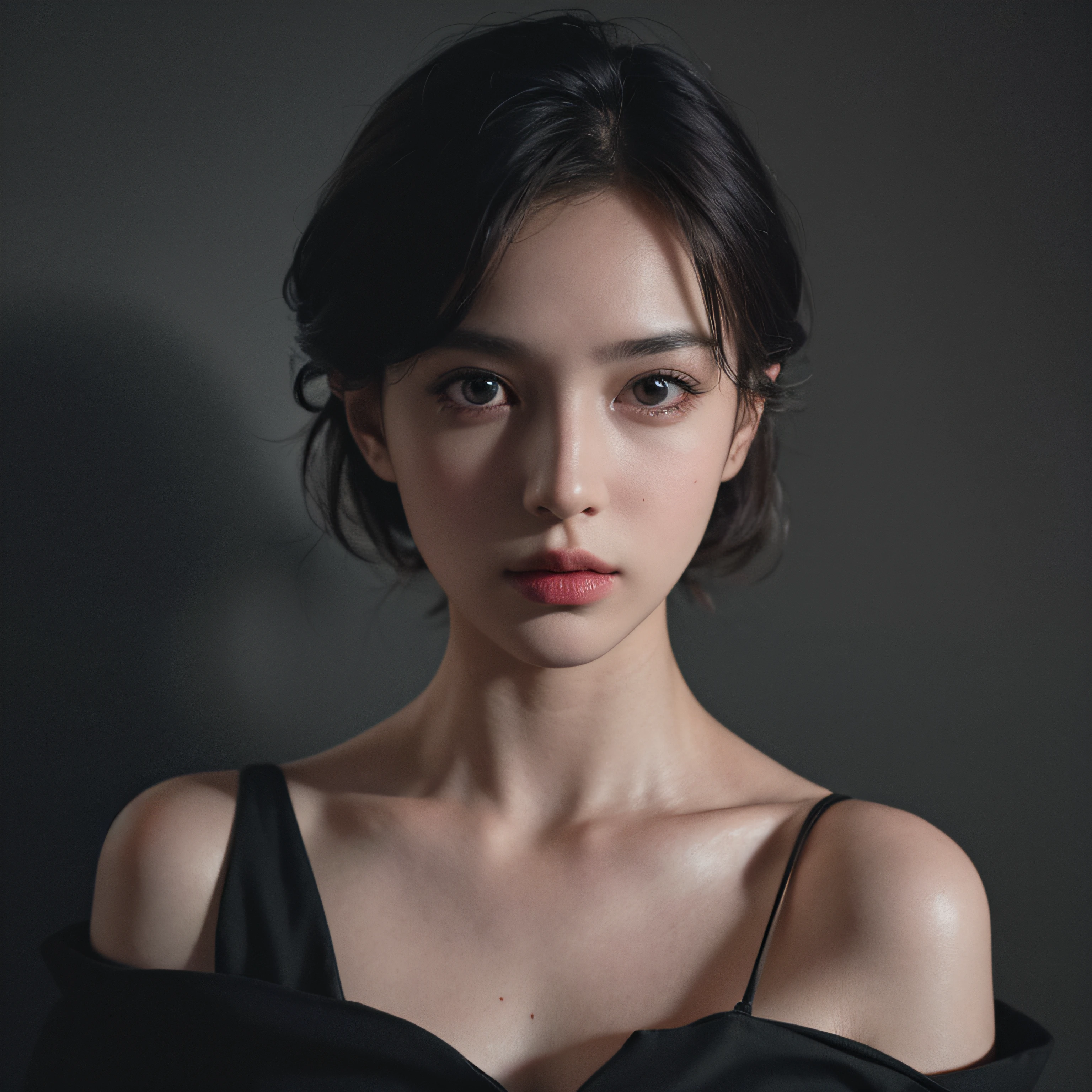 Best quality, masterpiece, ultra high res, (photorealistic:1.5), raw photo, 1girl, offshoulder, in the dark, deep shadow, low key, cold light, sexy look, short hair --auto