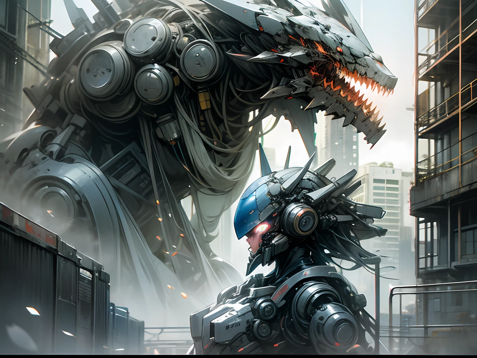 k hd、Best picture quality、ultra - detailed、Beautiful illustrations,silvery white,Pacific Rim,city ruins,Blue Light Flame,droid