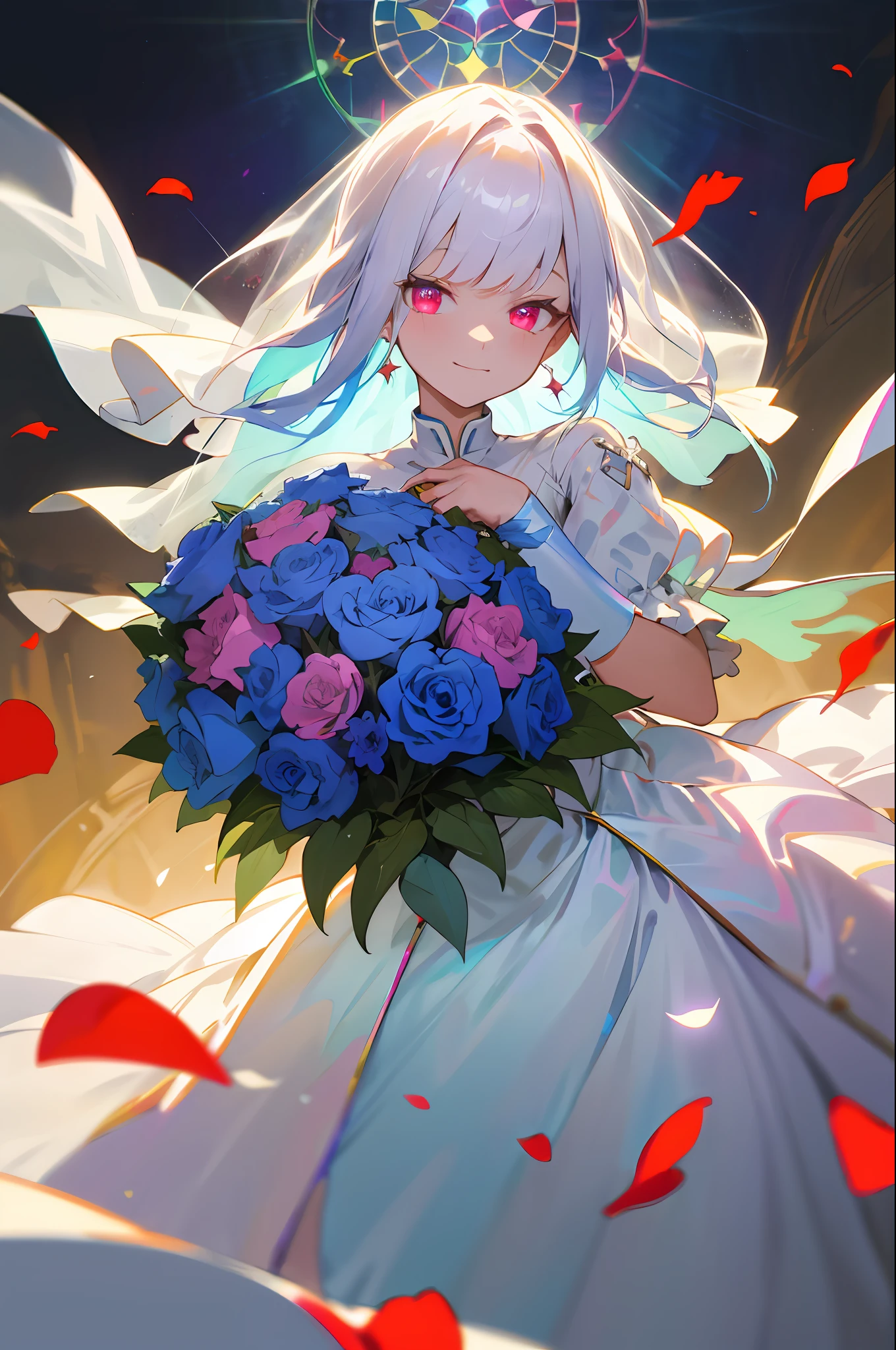 A maiden holding a bouquet: 1.2), wearing a wedding dress, clothes translucent, (wedding dress: 1.1), glowing eyes, floating hair, holding a bouquet, (faint smile: 1.3), magical girl, (church), stained glass background, rose petals, fantasy, looking at the viewer, (masterpiece, flat color, color: 1.0), (best quality: 1.2), (high precision: 1.1), 8k resolution, rich detail, perfect light and shadow, clear background