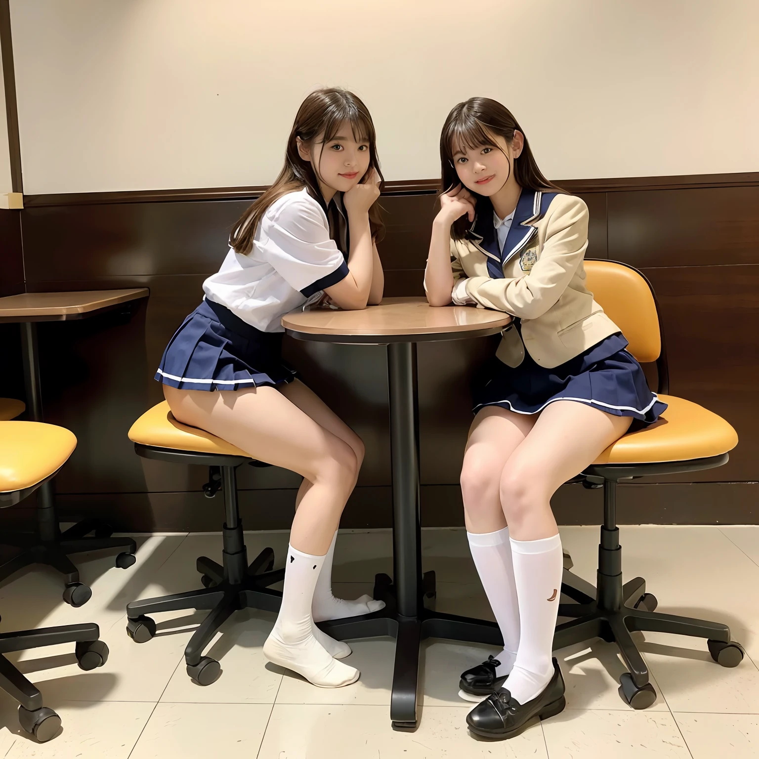 1girll,Solo,Pure_detail in face_The face is pure_eye detailed_Eye JK_Uniform JK_Skirt JK_Socks JK_Shoes JK sailor uniform junior high school students too big, short detailed hair,middle score,Sit in a swivel chair in a café,((Infinity round chair)),outdoor cafe,Outdoor stools,(the benches:1.5),(Single table,High chair, High table),(From the front side:1.7),(Spread your feet in front of you),(symetrical composition:1.7),(Golden section:1.7),(the golden ratio:1.7),(Keep your feet apart),(legs are open),(The reveal panties),(Natural color panties),Keep your feet off the ground。