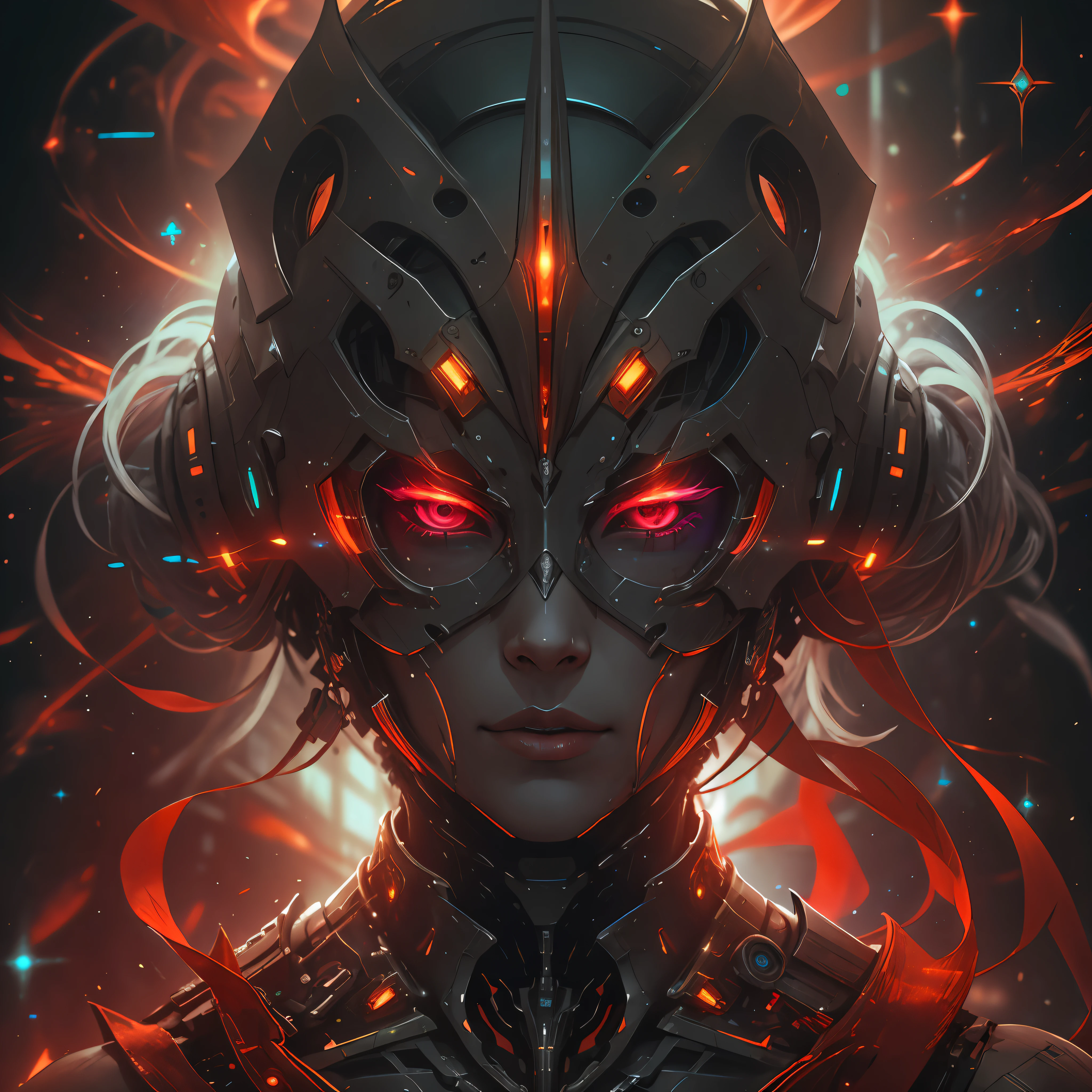 half body image, bioluminic, Red galactic cybernetic mask, portrait, sh4g0d,