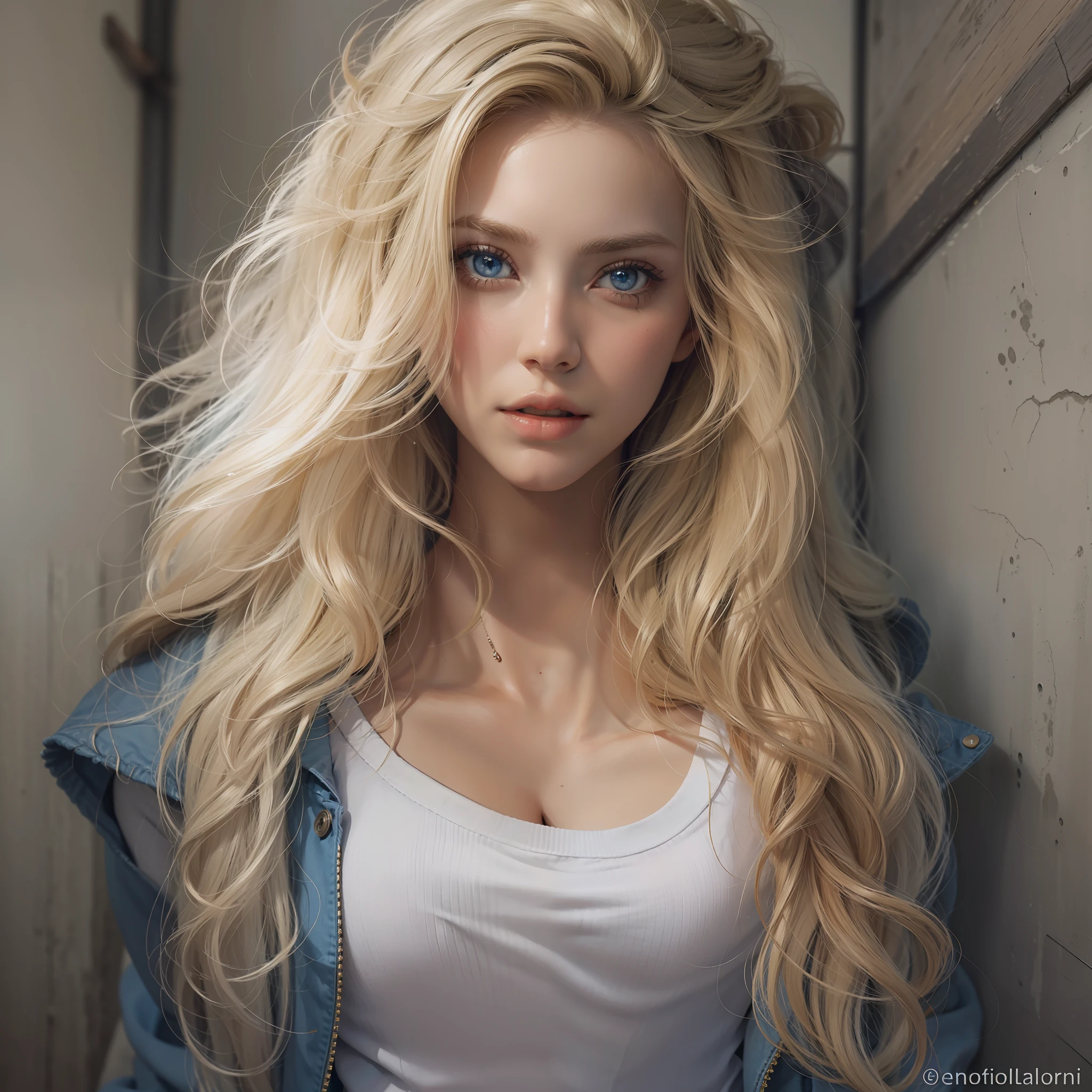 "(((obra-prima))), melhor qualidade, ultra-detallhado, High resolution CG image with a beautiful blonde woman with bright blue eyes, retratados em detalhes fascinantes. Ela veste uma jaqueta de couro preta e uma camiseta preta por baixo da jaqueta