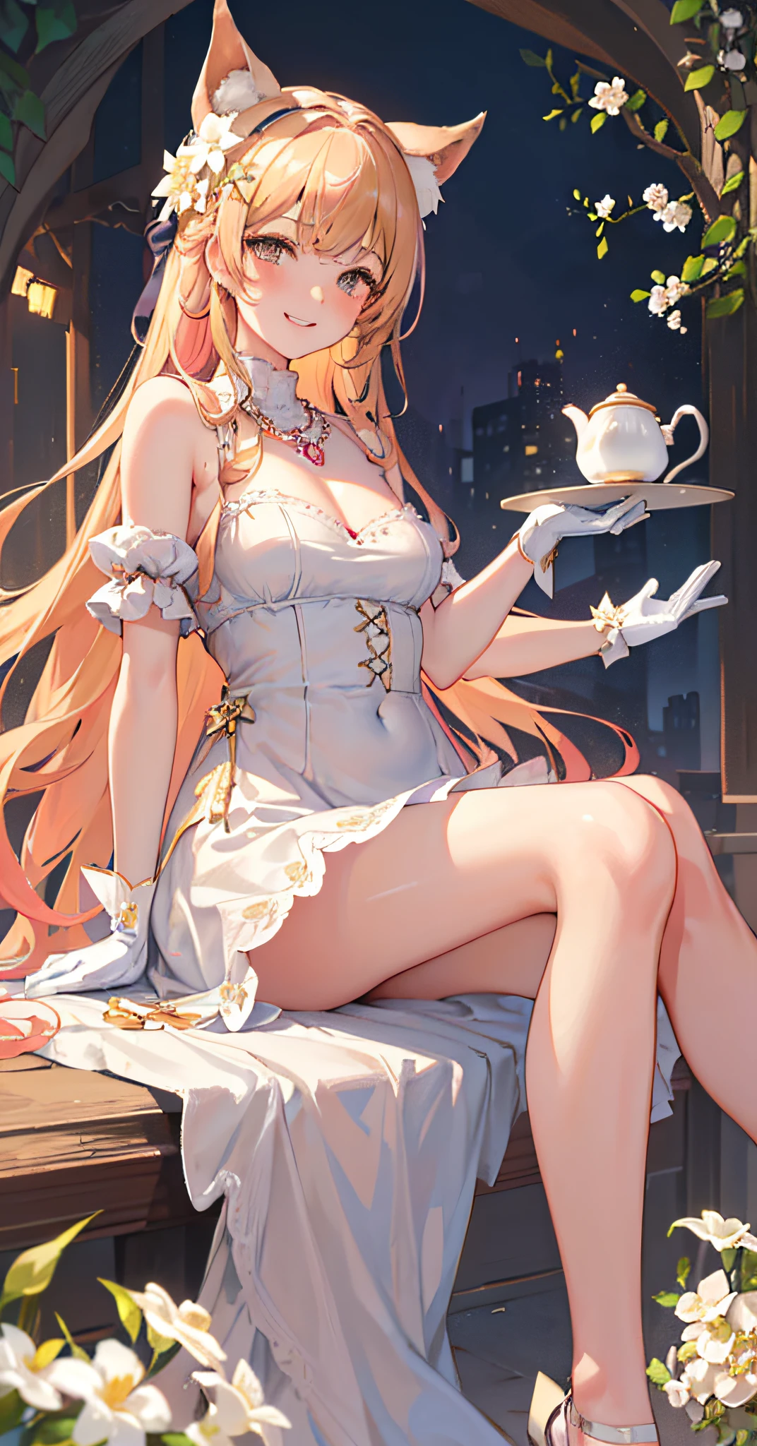 (masterpiece),(bestquality),(ultra-detailed),(((illustration))),((anextremelydelicateandbeautiful)),(detailedlight),((milk_tea_shop)),building,city,scenery,sparkle,star_(sky),bucket,cup,teapot,tray,(lace_gloves),teatrayinlefthand,skirtinrighthand((girl,animal_ears,bangs,blonde_hailacer,blush,braid,brown_eyes,depth_of_field,flower,hair_flower,hair_ornament,jewelry,long_hair,looking_at_viewer,motion_blur,multicolored_hair,necklace,macaron_background,smile,solo,teeth,blending,photo_background,white_flower)),Beautifuldetailhands，White gloves，delicate leg