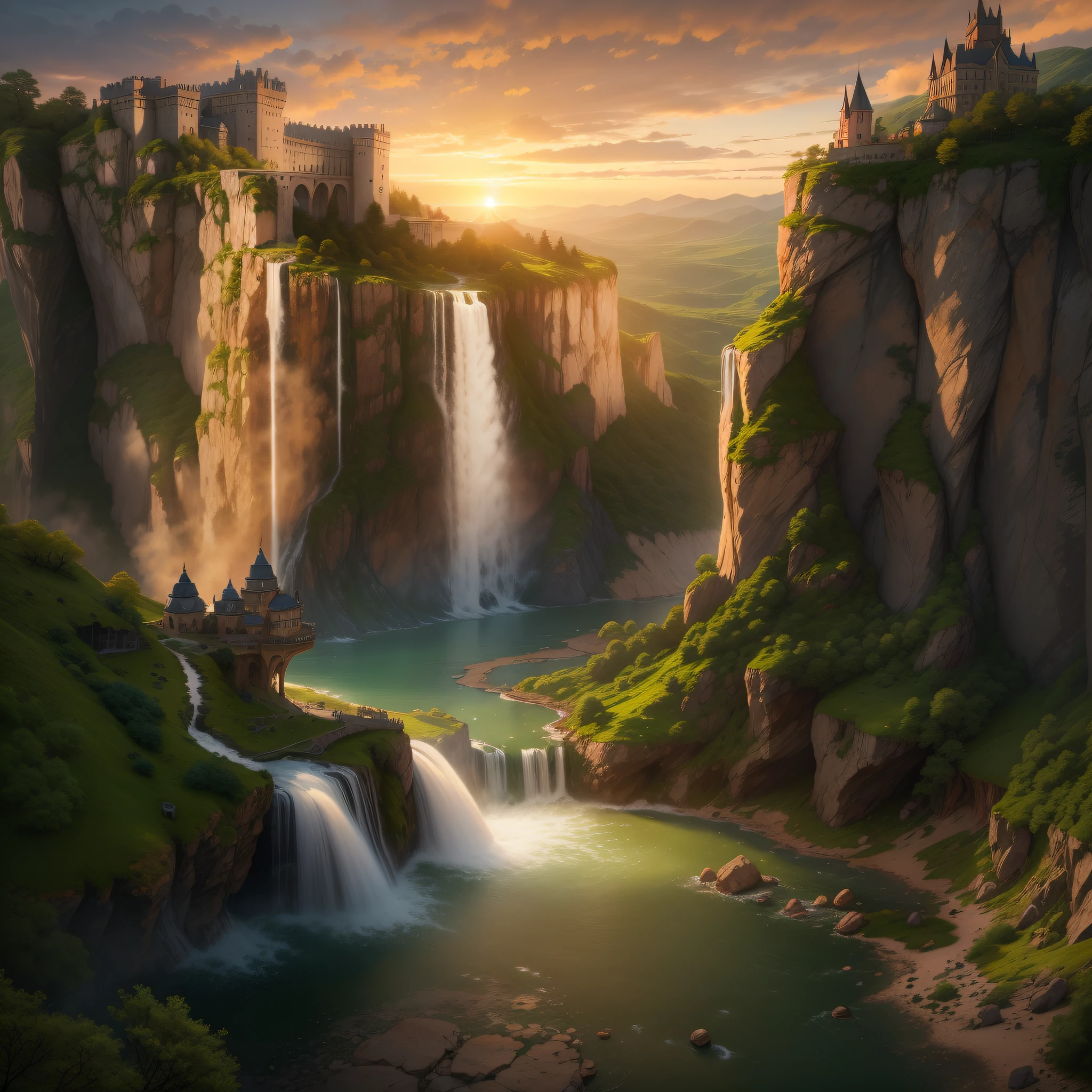 sheer cliffs，Waterfalls cascade，A castle，Sunset，high detal，Backlighting，hyper HD，tmasterpiece，Best Picture Quality，HD graphics。