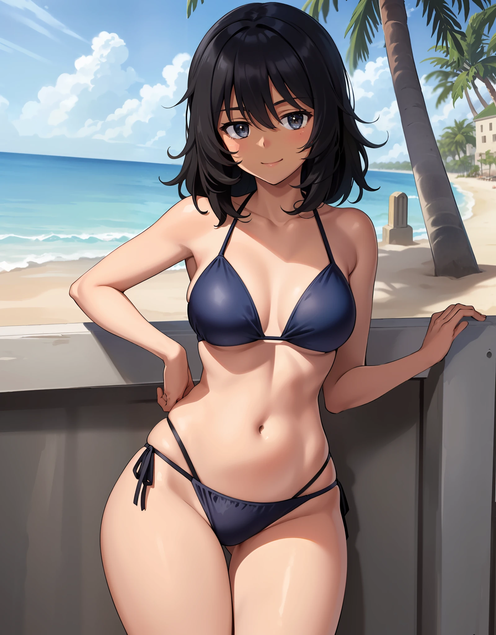 ((masterpiece)), (((best quality))), ((ultra-detailed)), (((illustration))), detailed face, ultra cute face, detailed body, ((1girl)), ((solo)),looking at the viewer, closed mouth, smile, cowboy shot, hand on hip, girls und panzer, Andou, (dark skin:1.3), medium hair, black hair, brown eyes, messy hair, ((dark blue bikini)), tight bikini, side tie bikini, standing on beach, palm trees, medium breasts, perky breasts, wide hips, (thick thighs), soft belly,