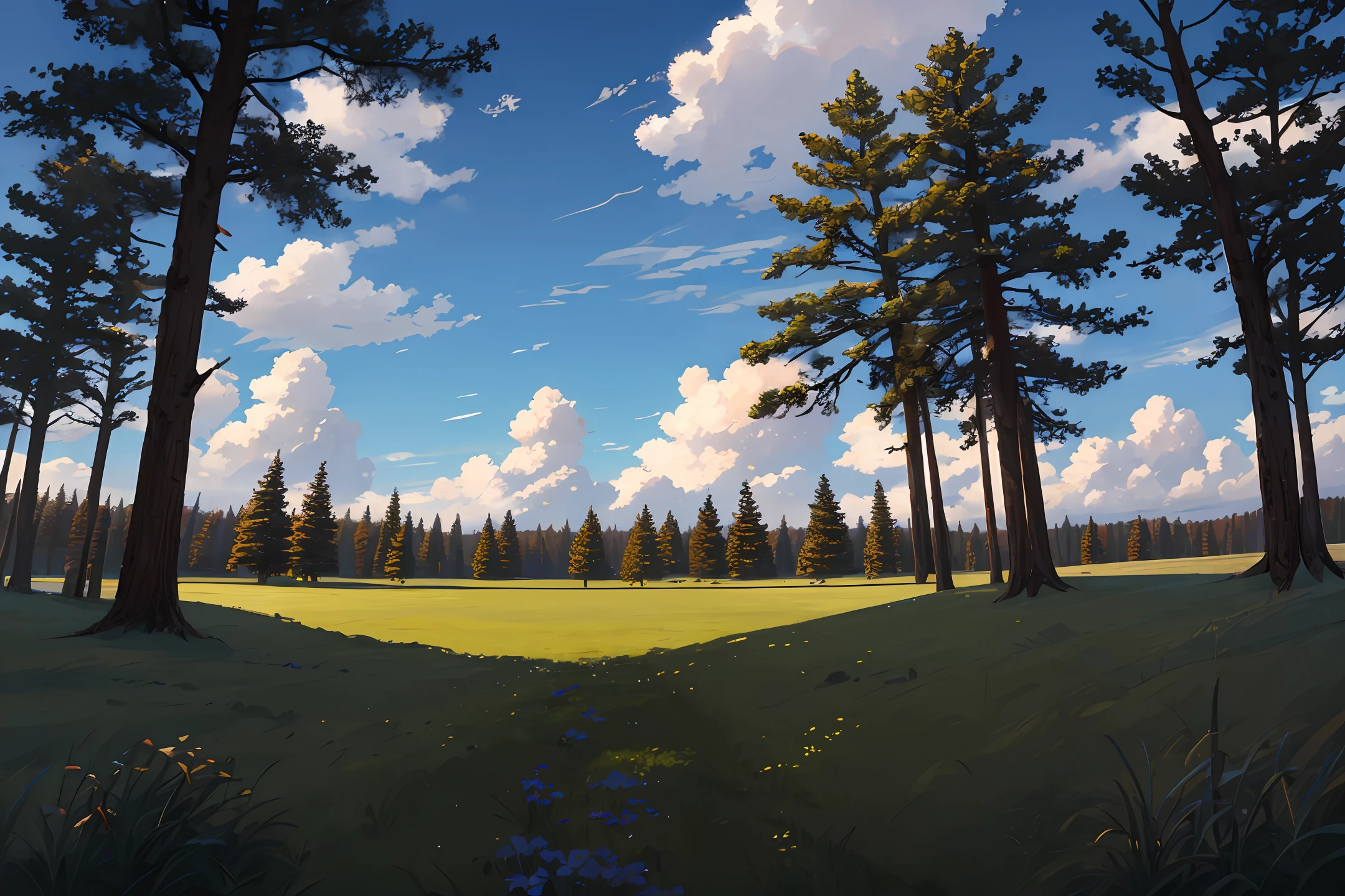 grass field，surrounded by cloud，pines