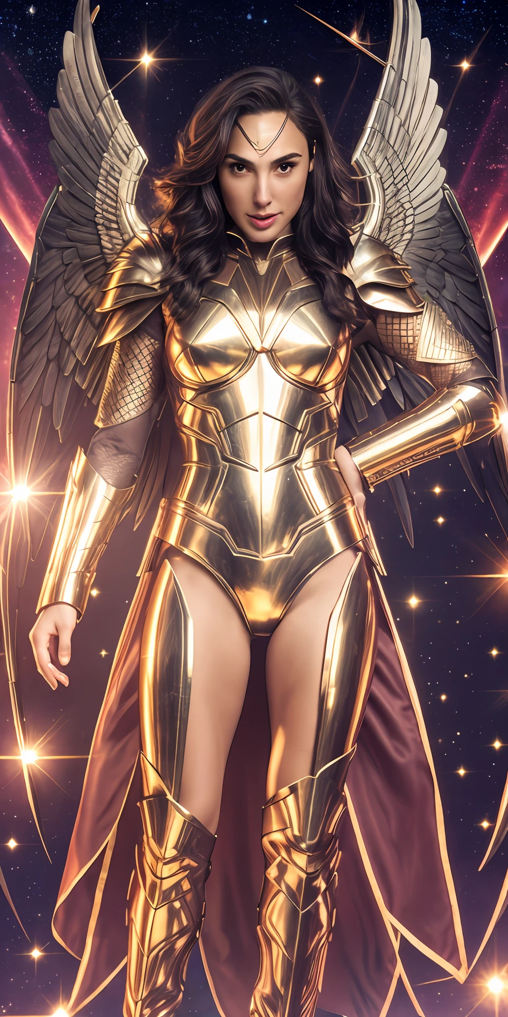 Actress gal gadot , tanned olive skin tone ,ultra high res, her smile ,best quality, photo, 4k, (photorealistic:1.4), (ulzzang-6500:1), cinematic lighting, Archangel Gabriel, Saint Seiya, wearing medieval gold armor, detailed feathers, starry sky background, the galaxy, portal of the future, volumetric light, HD, magic, holy, god light, backlighting, detailed face, contrapposto, smooth skin, full body