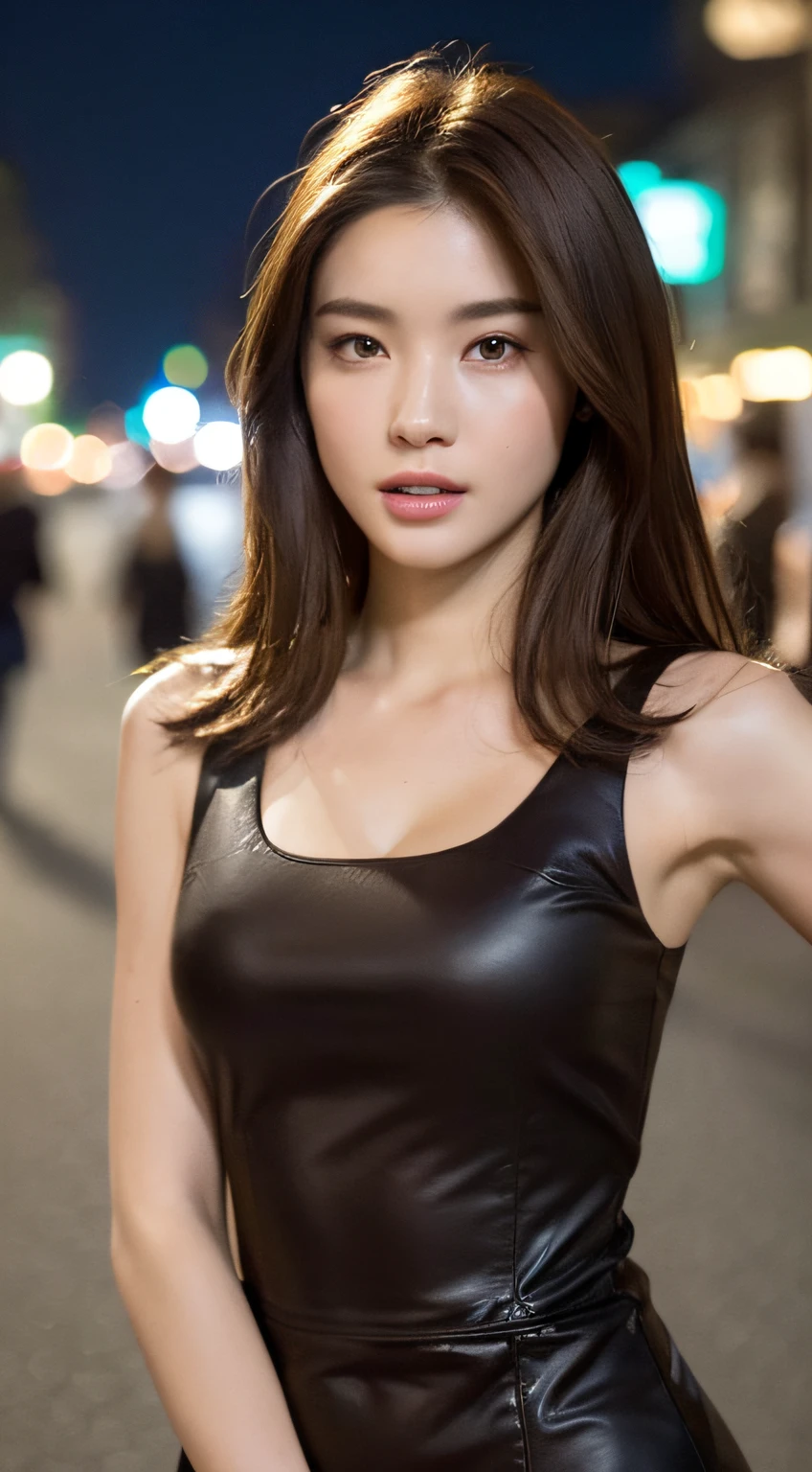 ((Realistic lighting, Best quality, 8K, Masterpiece: 1.3)), Focus: 1.2, 1girl, Perfect Body Beauty: 1.4, Slim Abs: 1.1, ((Dark Brown Hair)), (Aqua Dress: 1.4), (Outdoor, Night: 1.1), City Street, Super Fine Face, Fine Eyes, Double Eyelids,